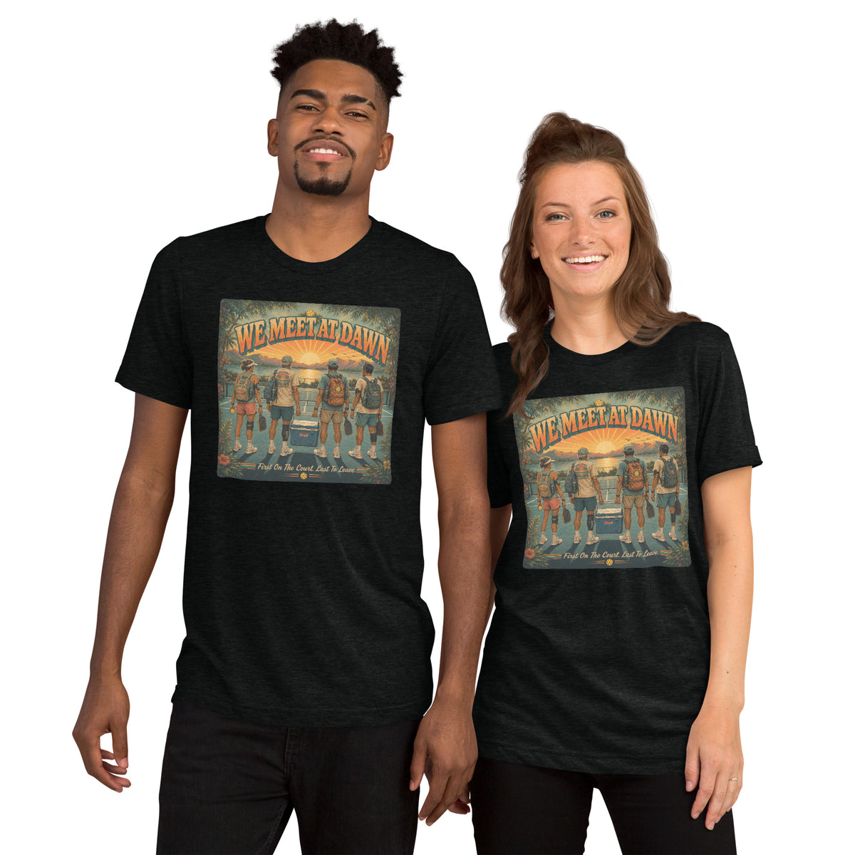We Meet at Dawn Pickleball T-Shirt - Premium Unisex Lifestyle Tee - Solid Black - Front - PeaMacTees