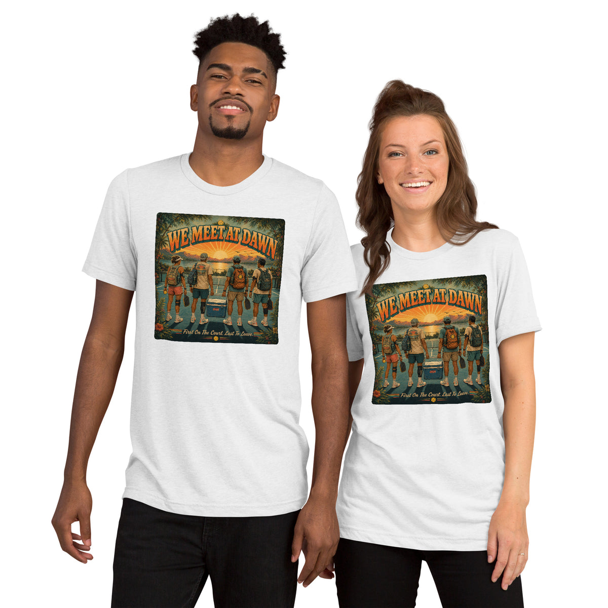 We Meet at Dawn Pickleball T-Shirt - Premium Unisex Lifestyle Tee - Solid White - Front - PeaMacTees
