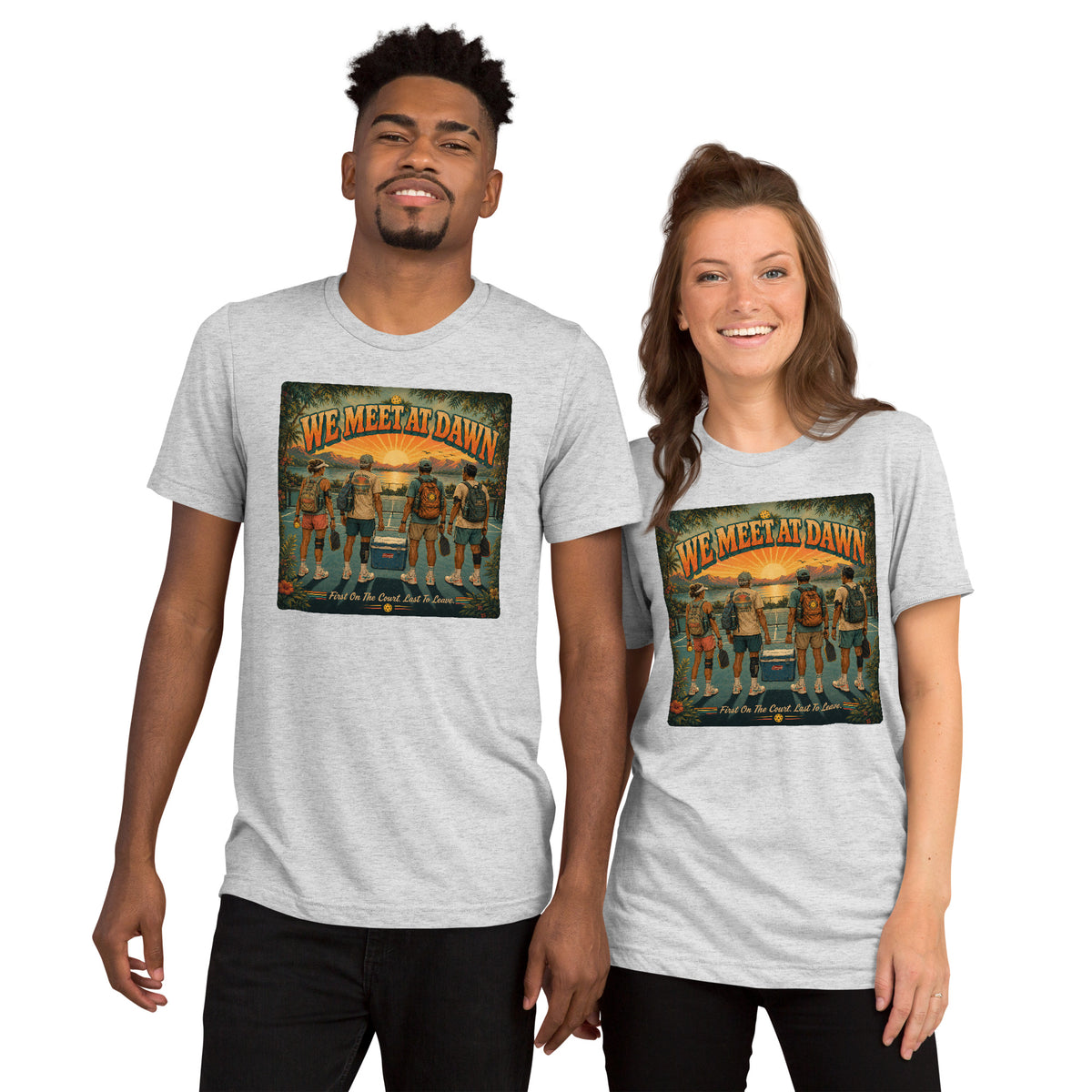 We Meet at Dawn Pickleball T-Shirt - Premium Unisex Lifestyle Tee - White Fleck - Front - PeaMacTees