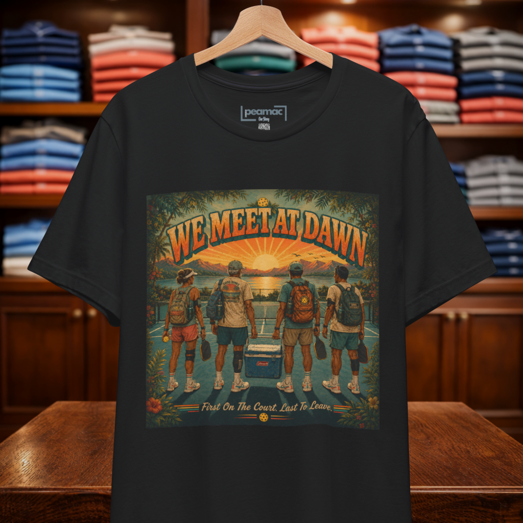 We Meet At Dawn Tr-Blend Navy Unisex pickleball T-shirt from PeaMac Pickleball Tees casual lifestyle apparel.