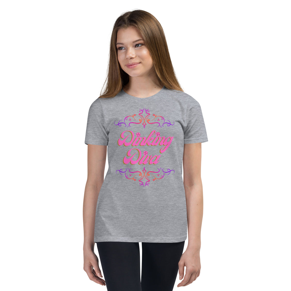 Youth Dinking Diva Tee — Pink Filigree Pickleball Shirt - Athletic Heather - Front - PeaMacTees