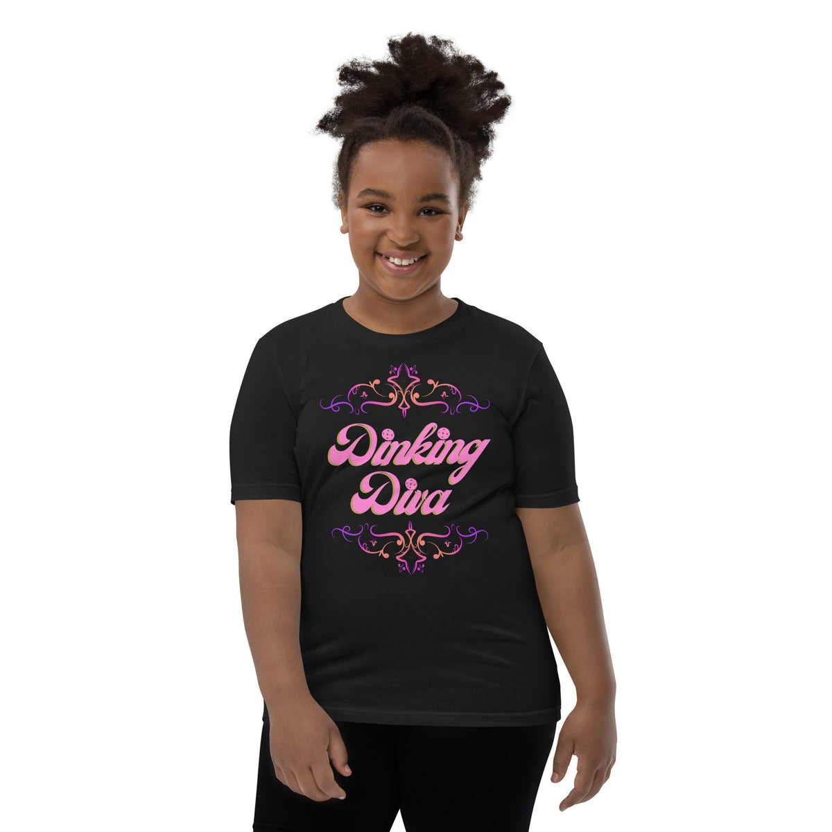 Youth Dinking Diva Tee — Pink Filigree Pickleball Shirt - Black - Front - PeaMacTees