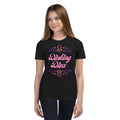 Youth Dinking Diva Tee — Pink Filigree Pickleball Shirt - Black - Front - PeaMacTees