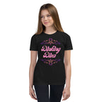 Youth Dinking Diva Tee — Pink Filigree Pickleball Shirt - Black - Front - PeaMacTees