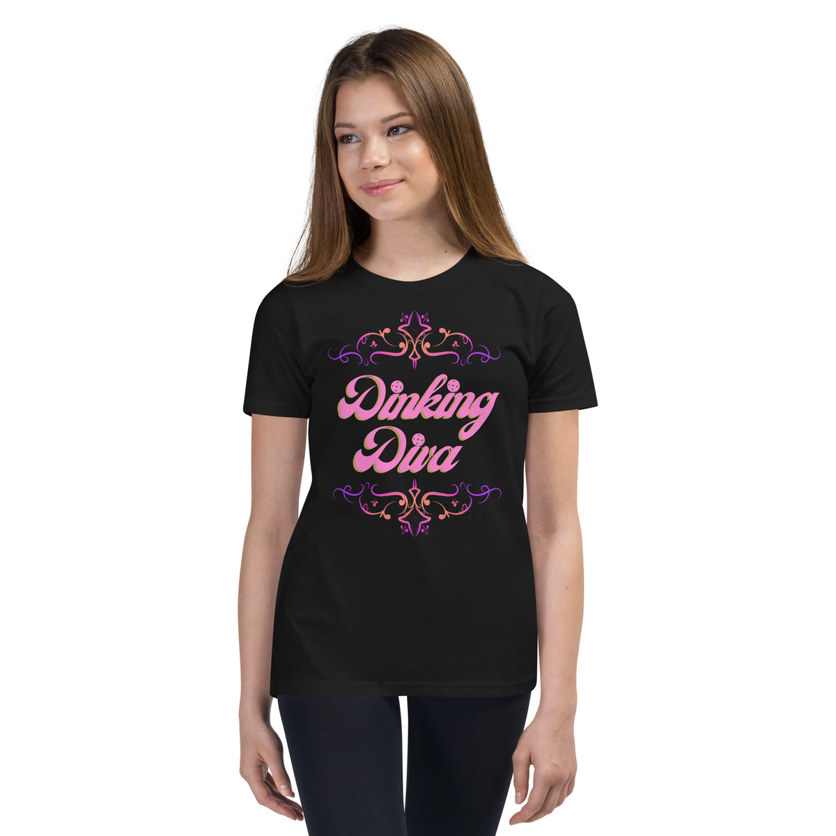 Youth Dinking Diva Tee — Pink Filigree Pickleball Shirt - Black - Front - PeaMacTees