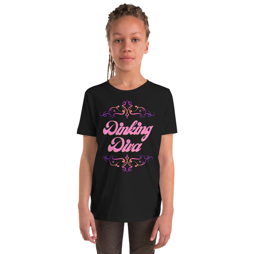 Youth Dinking Diva Tee — Pink Filigree Pickleball Shirt - Black - Front - PeaMacTees