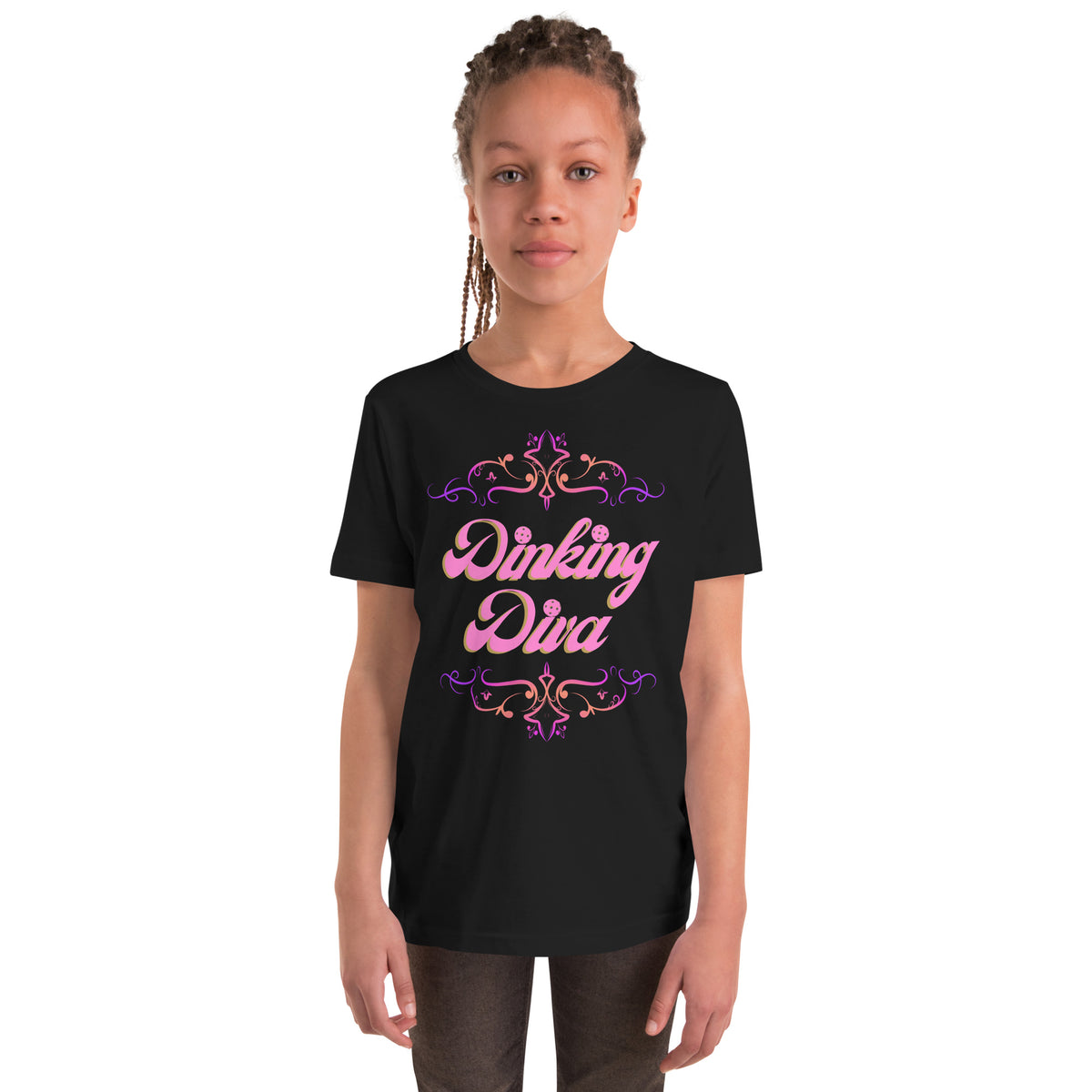 Youth Dinking Diva Tee — Pink Filigree Pickleball Shirt - Black - Front - PeaMacTees