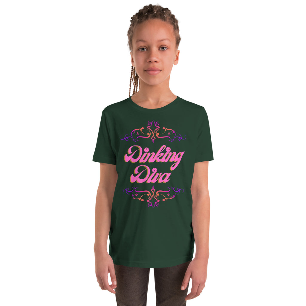 Youth Dinking Diva Tee — Pink Filigree Pickleball Shirt - Forest - Front - PeaMacTees