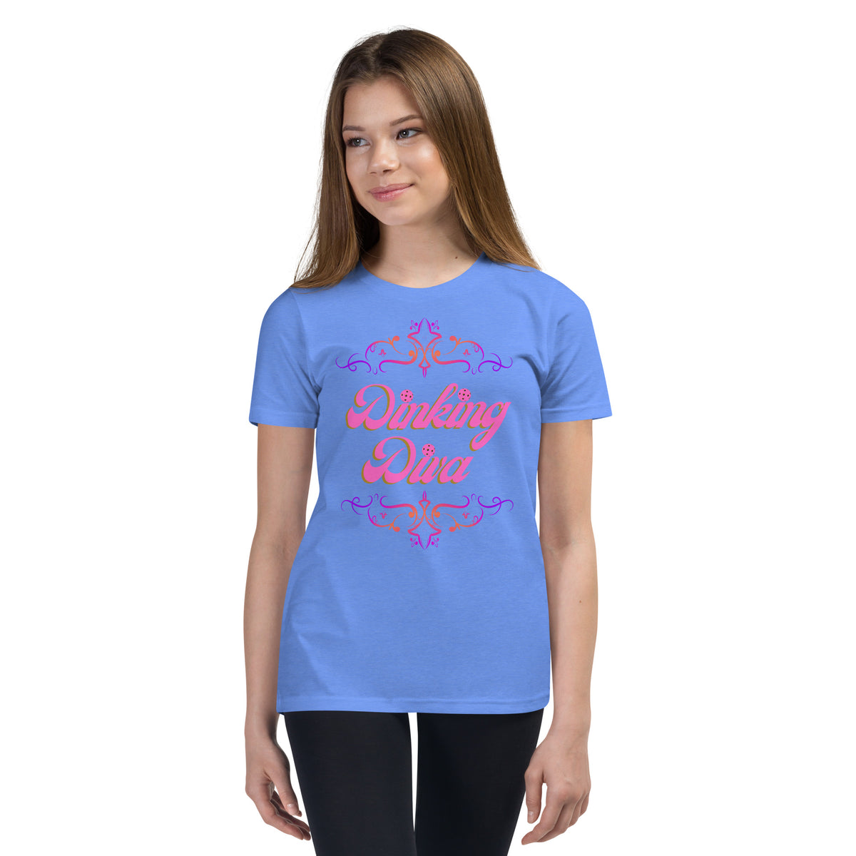 Youth Dinking Diva Tee — Pink Filigree Pickleball Shirt - Heather Columbia Blue - Front - PeaMacTees