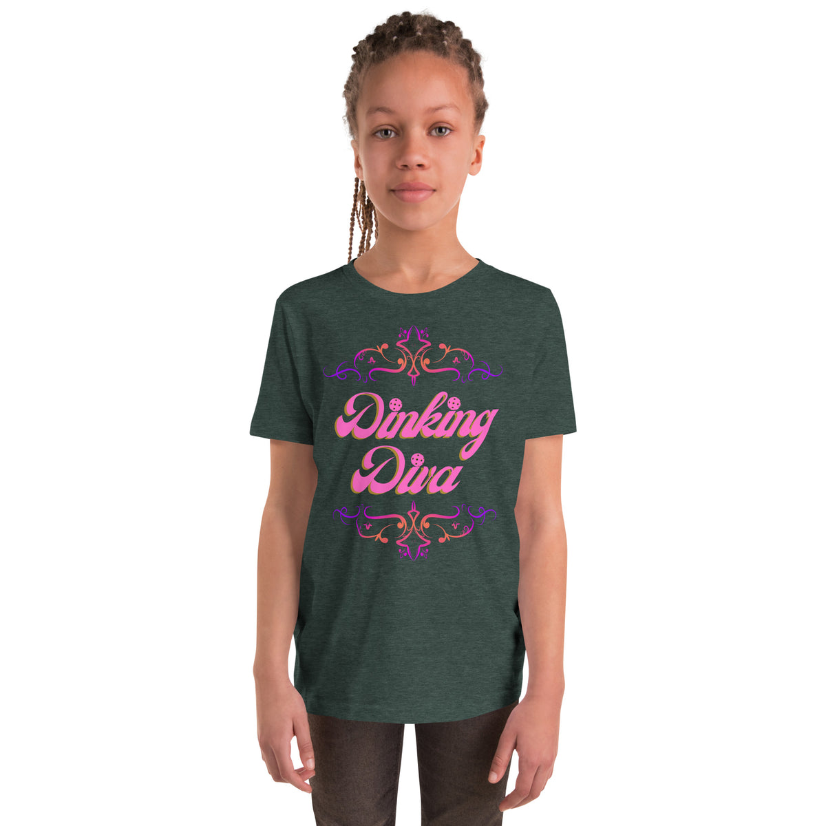 Youth Dinking Diva Tee — Pink Filigree Pickleball Shirt - Heather Forest - Front - PeaMacTees