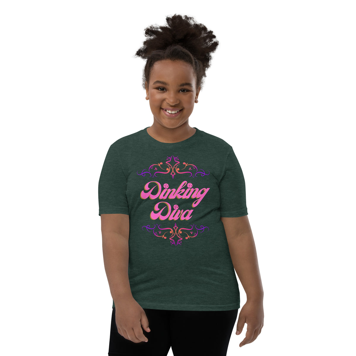 Youth Dinking Diva Tee — Pink Filigree Pickleball Shirt - Heather Forest - Front - PeaMacTees