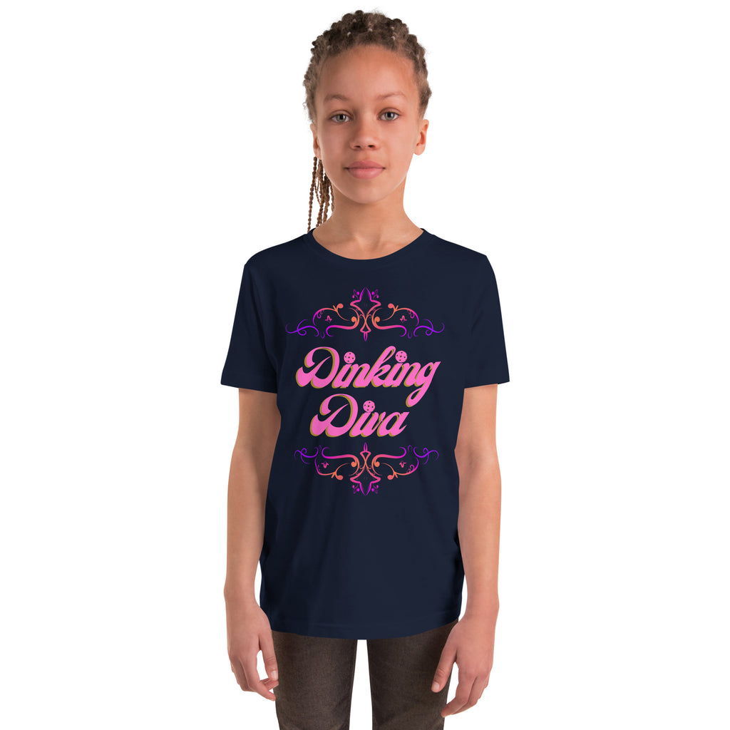 Youth Dinking Diva Tee — Pink Filigree Pickleball Shirt - Navy - Front - PeaMacTees