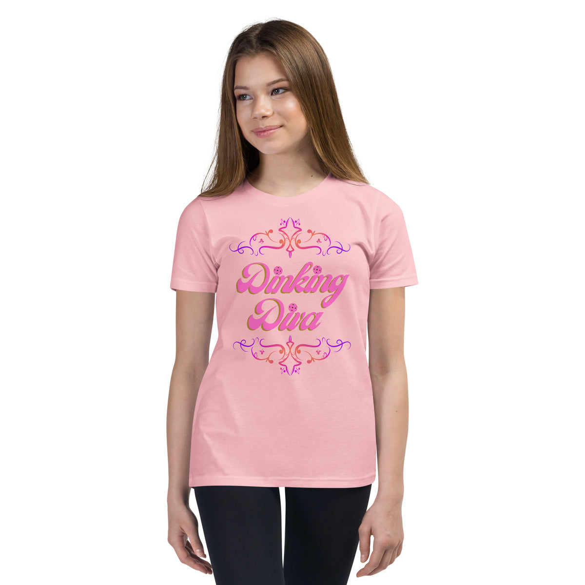 Youth Dinking Diva Tee — Pink Filigree Pickleball Shirt - Pink - Front - PeaMacTees