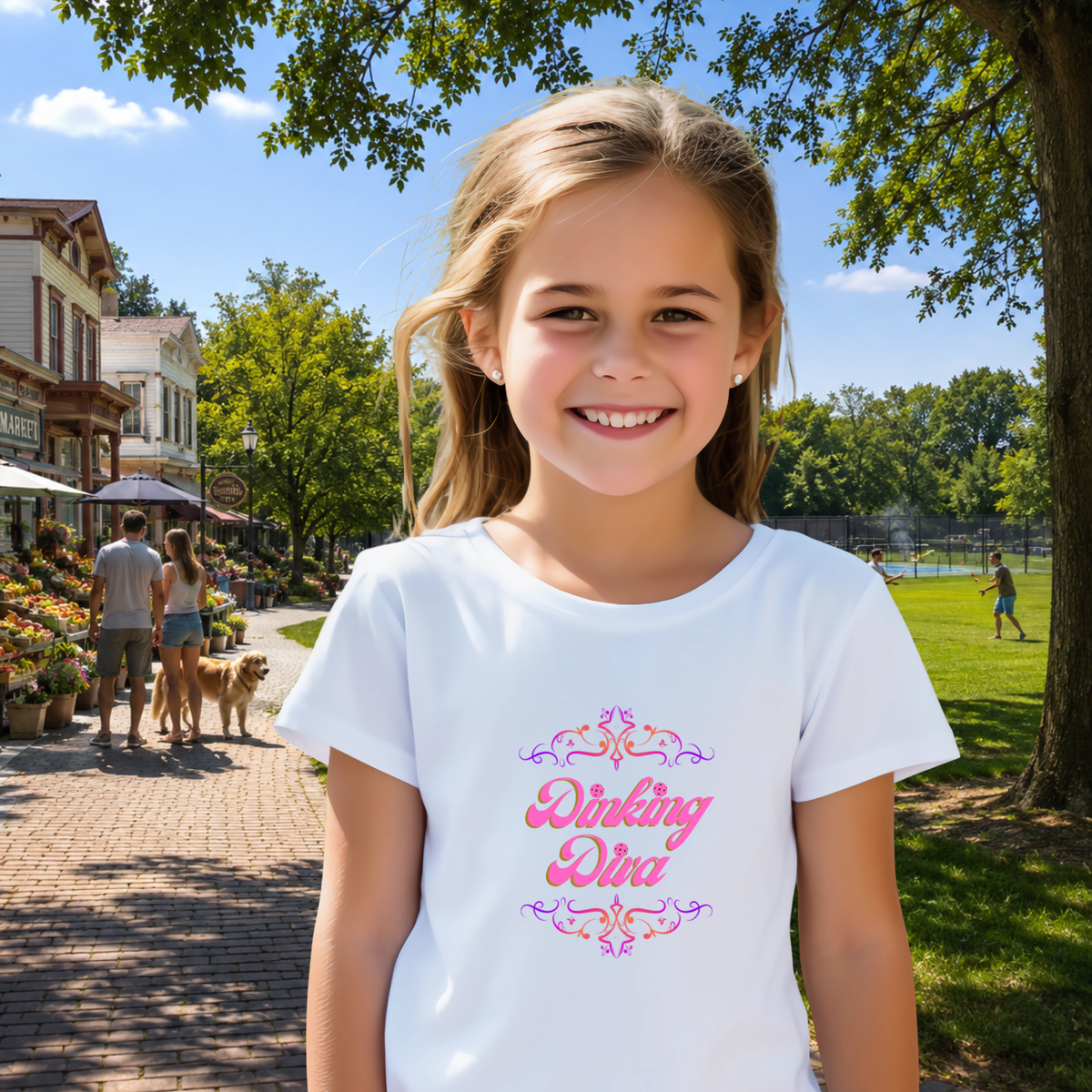 Youth Dinking Diva Tee — Pink Filigree Pickleball Shirt - Pink - Lifestyle - PeaMacTees