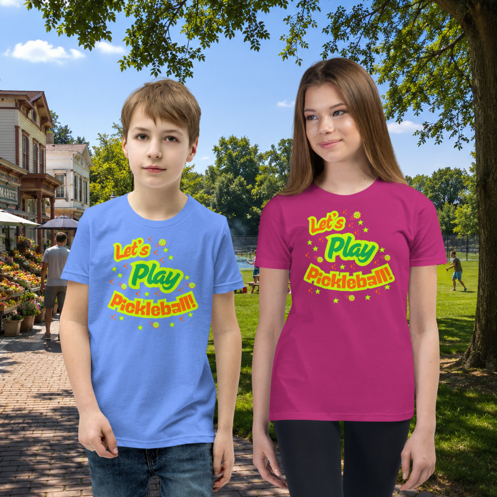 Let’s Play Pickleball! Youth Tee — Neon Pickleball Graphic Shirt for Kids