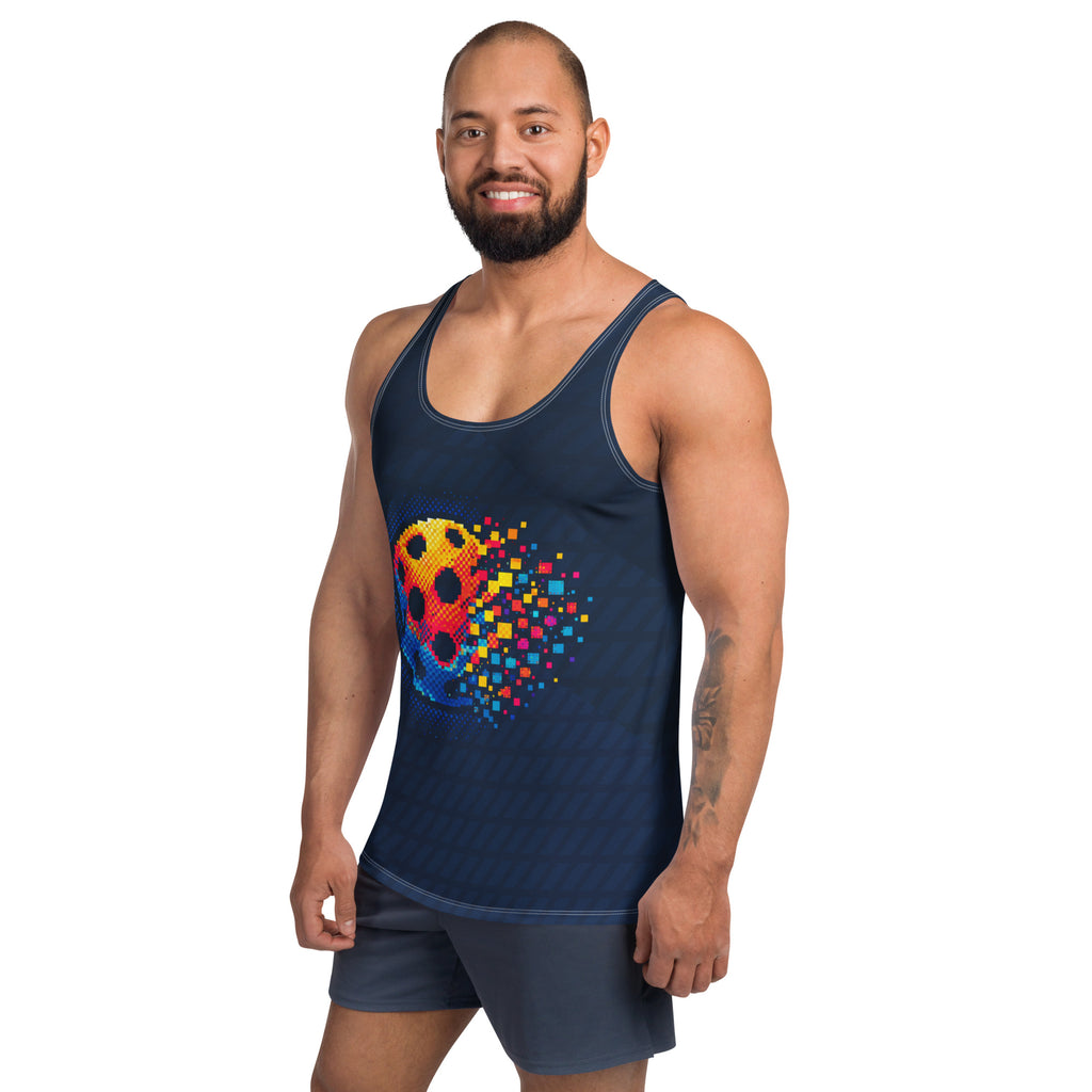 Matrix Burst Pickleball Unisex Tank Top (Navy, XS-2XL) - White - Left Front - PeaMacTees