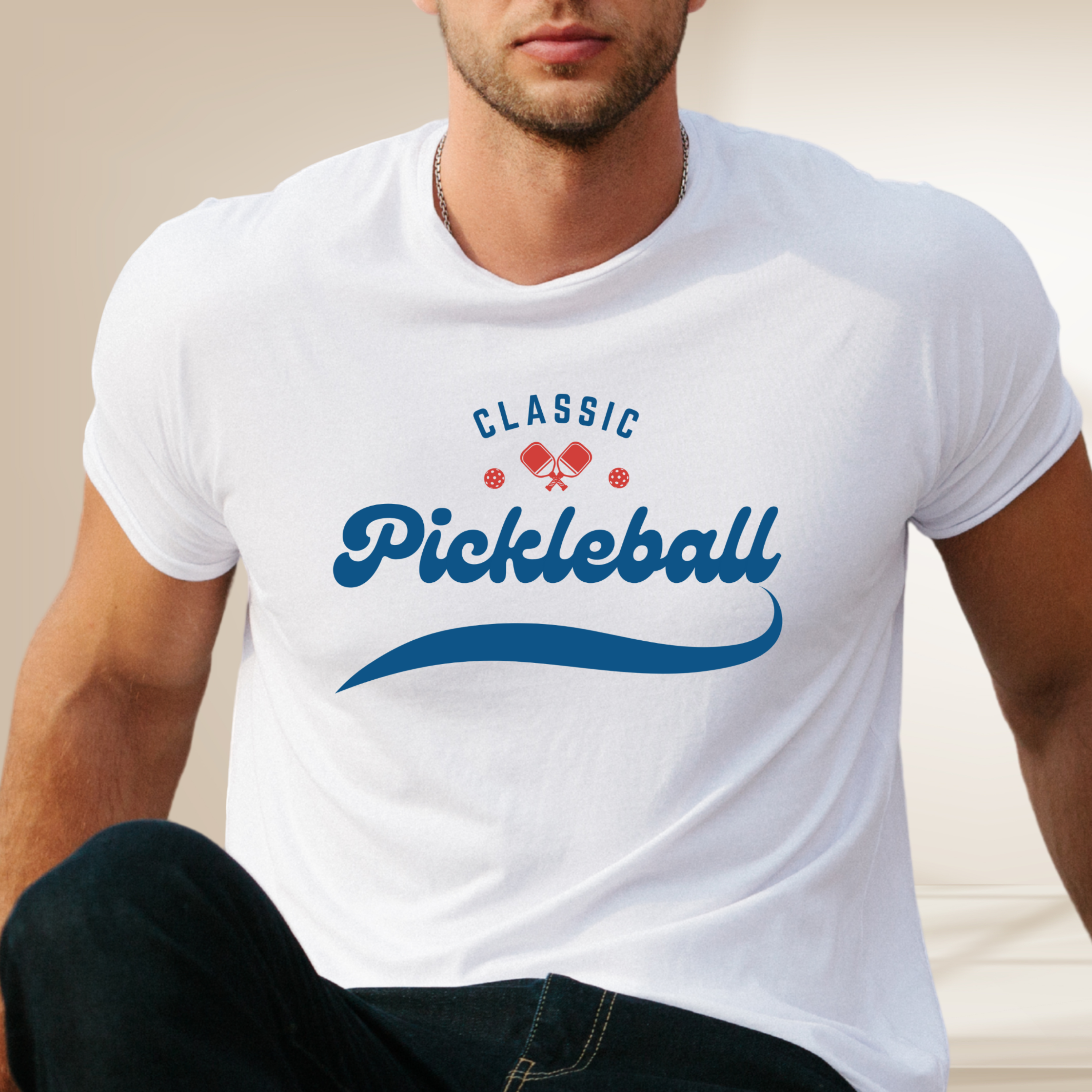 Classic Pickleball Script Tee — Red & Blue Paddle & Ball Design