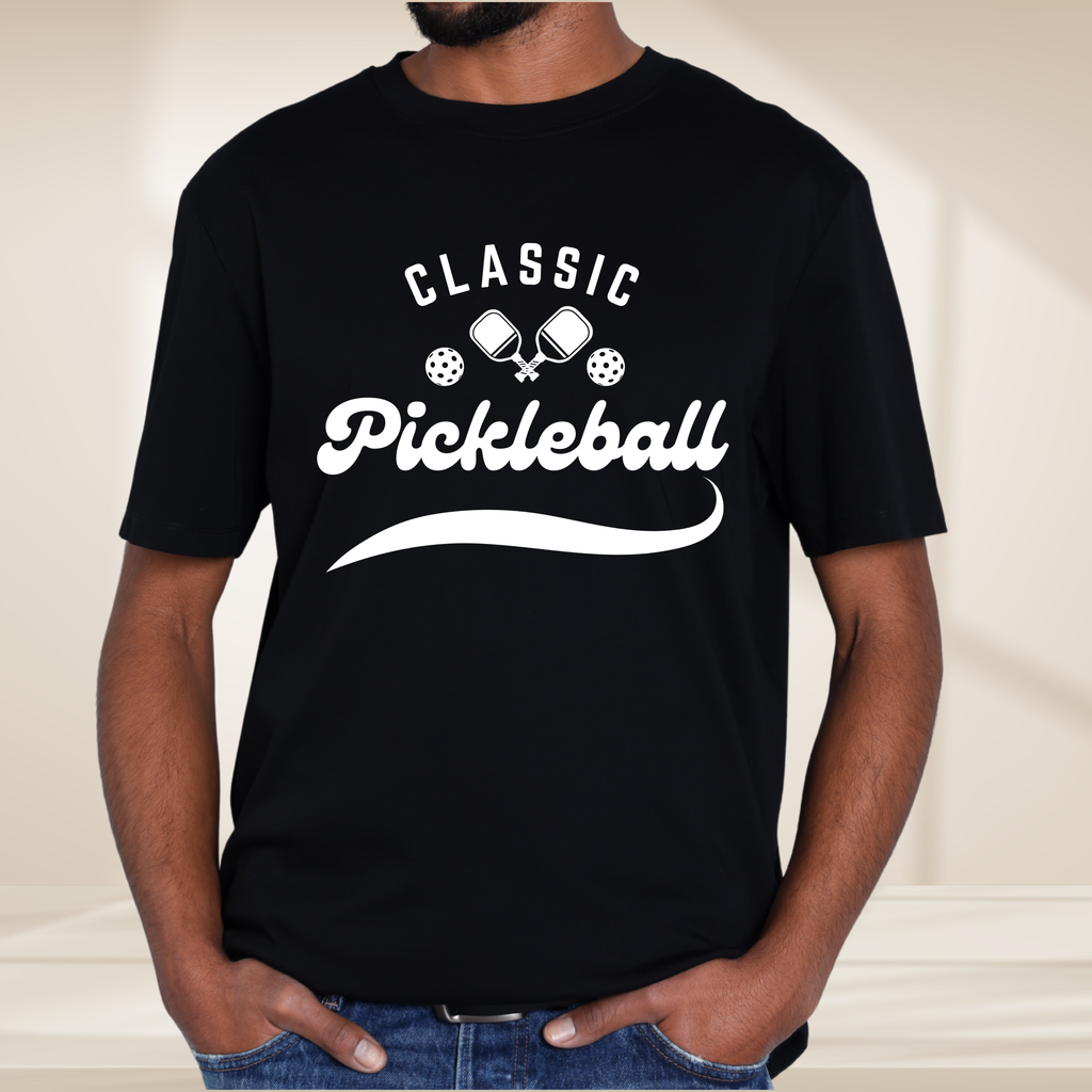White unisex tri-blend T-shirt featuring a classic pickleball script design in white, by PeaMac Pickleball Tees.