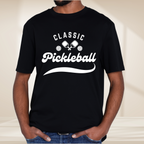 White unisex tri-blend T-shirt featuring a classic pickleball script design in white, by PeaMac Pickleball Tees.