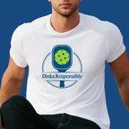 Blue Dinks Responsibly Pickleball T-shirt by PeaMac Pickleball Tees featuring a paddle and ball graphic, casual pickleball apparel.