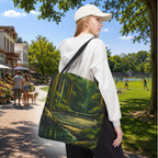 Large tote bag featuring a scenic woodland landscape with a hidden pickleball court on a forest path, all-over print by Printify.