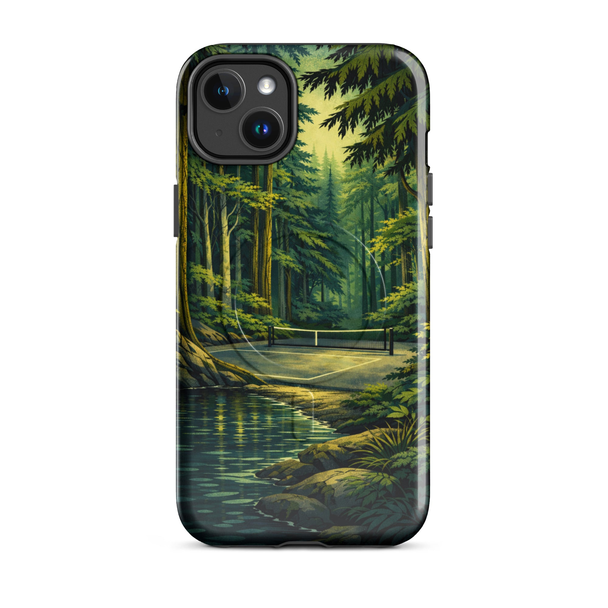 Glossy PeaMac Pickleball MagSafe tough phone case for iPhone 14 Plus, featuring a hidden forest pickleball design.