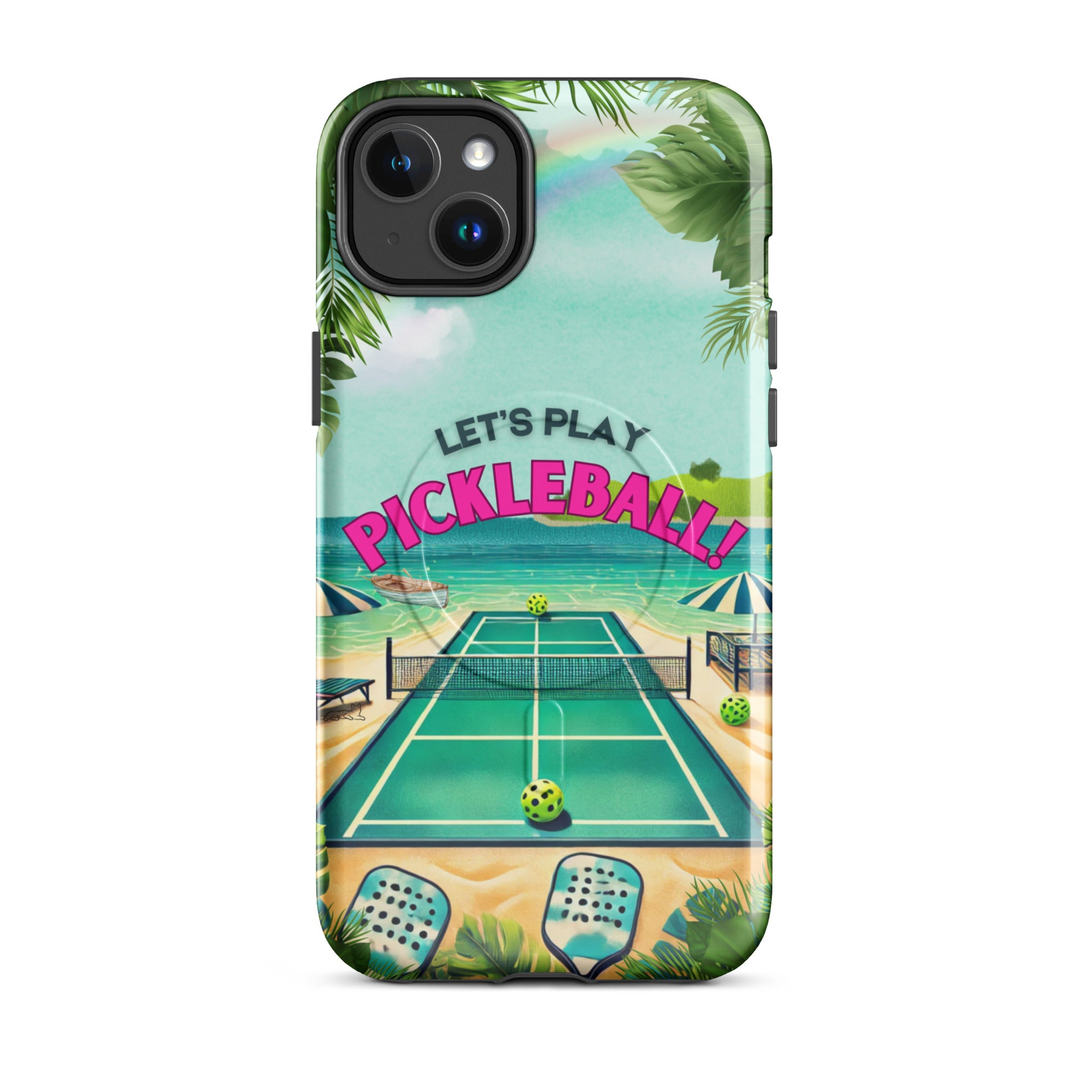 PeaMac Pickleball Tees MagSafe tough glossy phone case for iPhone 14 Plus, featuring pickleball-themed design on the front.