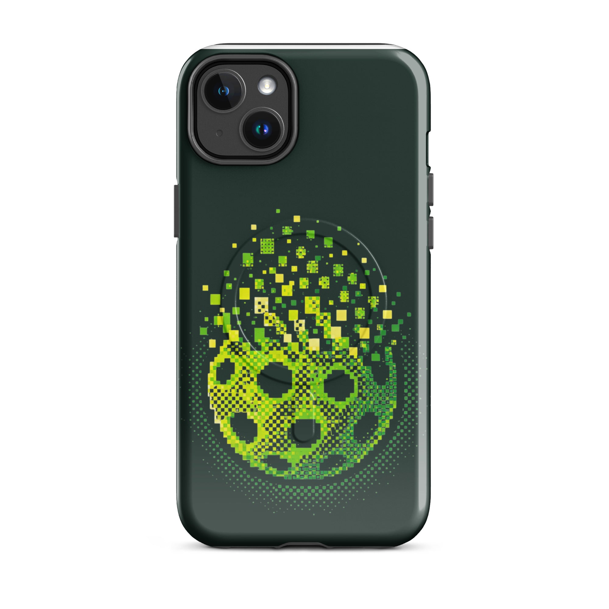 Glossy PeaMac Pickleball Matrix Burst Pickleball MagSafe® tough phone case on iPhone 14 Plus, featuring colorful pickleball design.