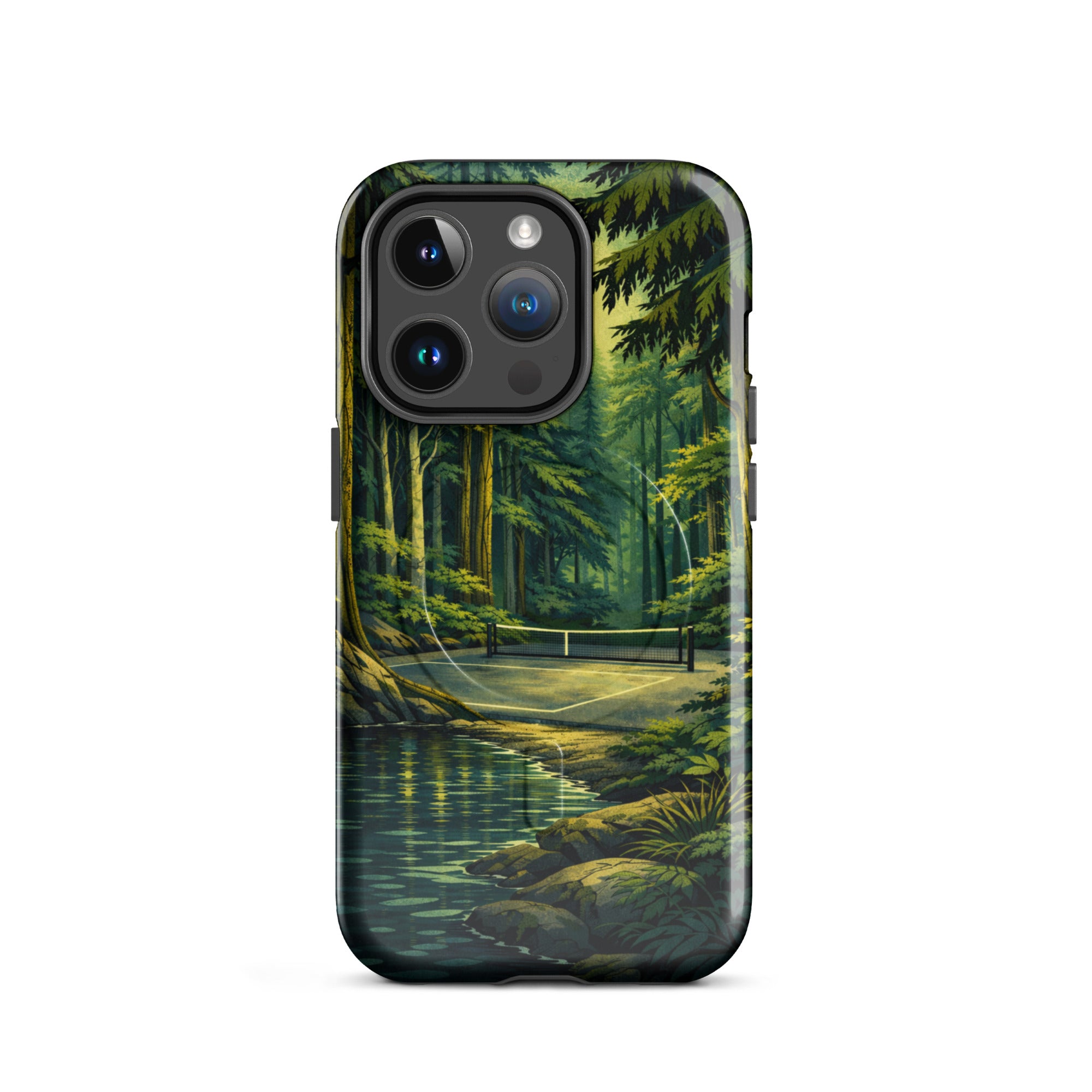 Glossy PeaMac Pickleball Hidden Forest MagSafe tough phone case on iPhone 14 Pro, showing the forest design and secure fit.