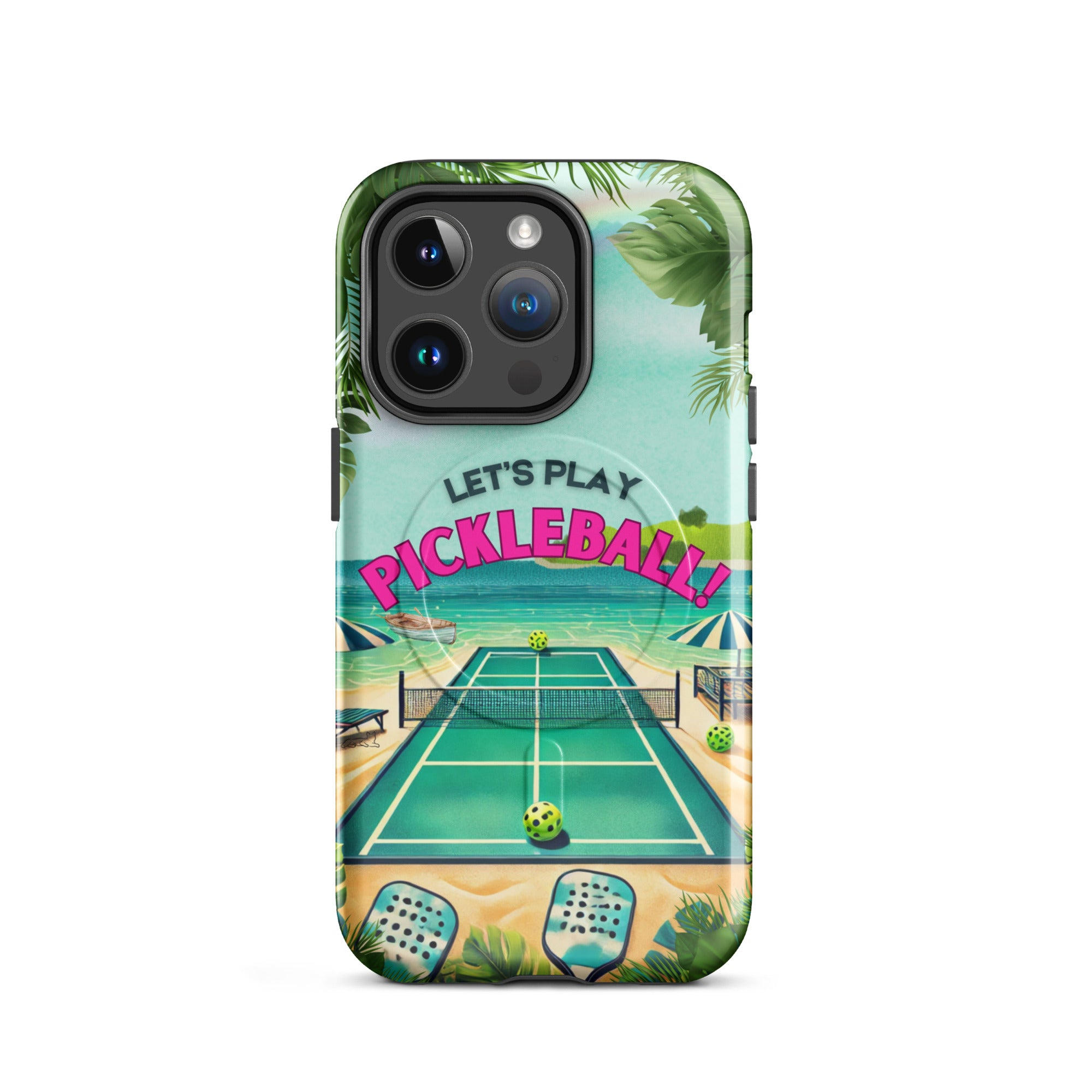 PeaMac Pickleball Tees MagSafe tough glossy phone case for iPhone 14 Pro, featuring pickleball design and durable protection