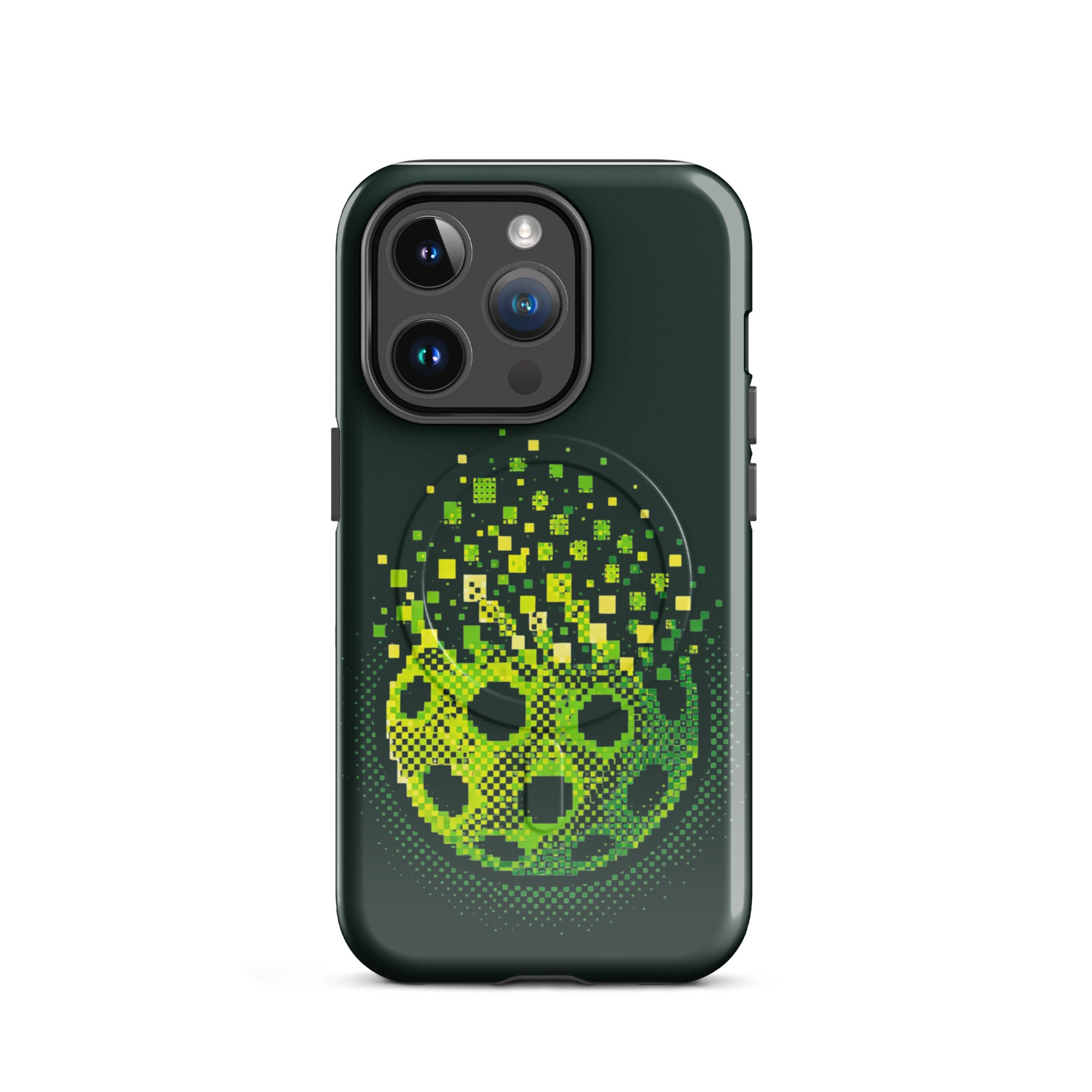 Glossy PeaMac Pickleball Burst Pickleball Phone Case for iPhone 14 Pro with MagSafe® compatibility, shown from front view.