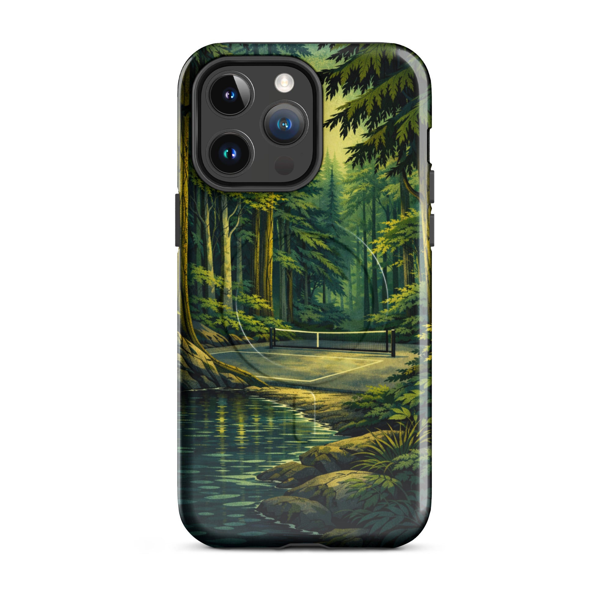 Glossy PeaMac Pickleball Hidden Forest Pickleball Phone Case for iPhone 14 Pro Max with MagSafe compatibility.