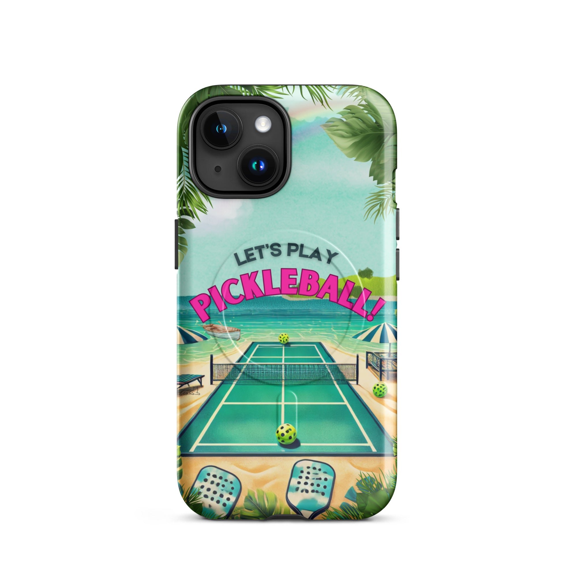PeaMac Pickleball Tees MagSafe tough glossy phone case for iPhone 15 with pickleball design, durable and protective.