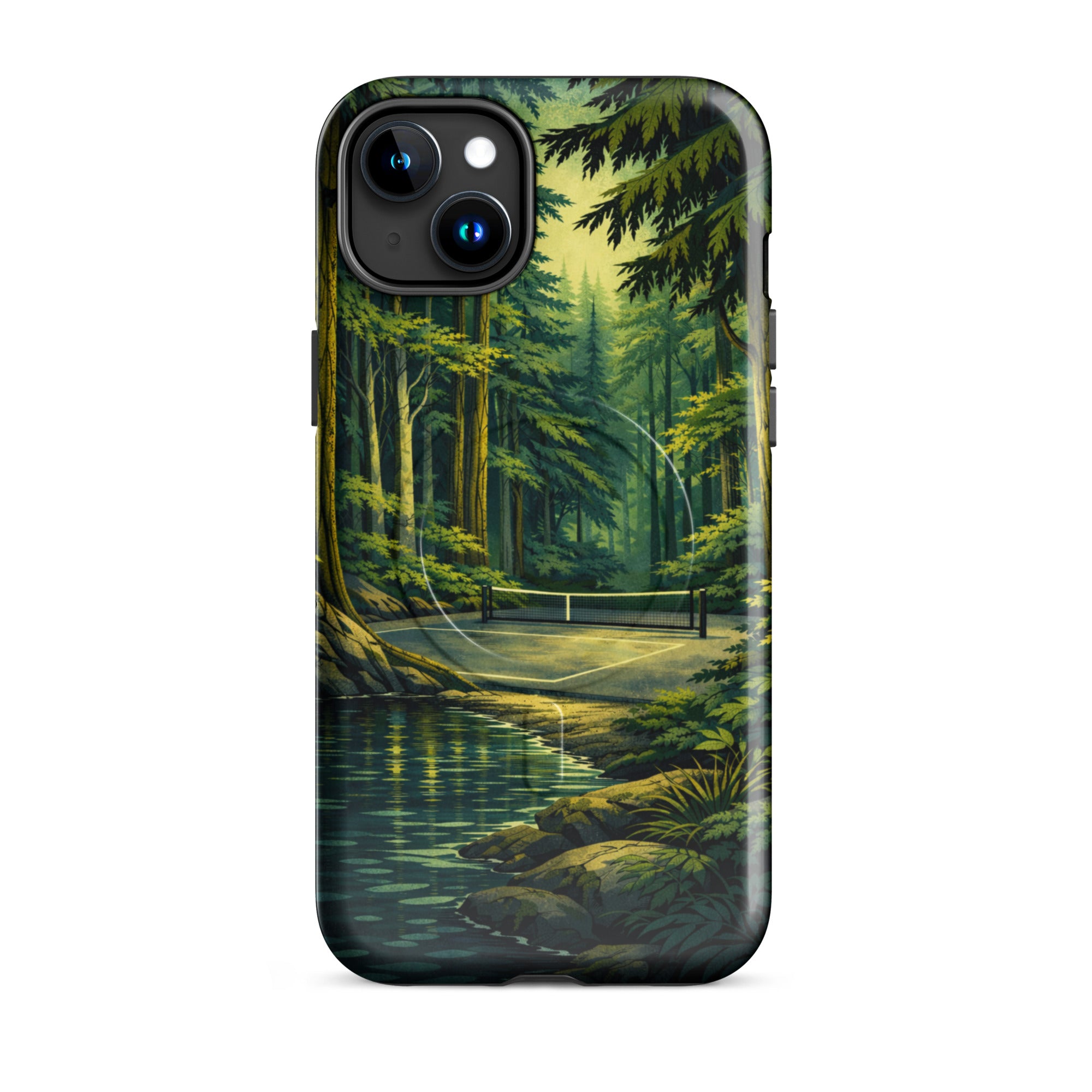 Glossy MagSafe tough phone case for iPhone 15 Plus featuring a Hidden Forest Pickleball design by PeaMac Pickleball Tees.