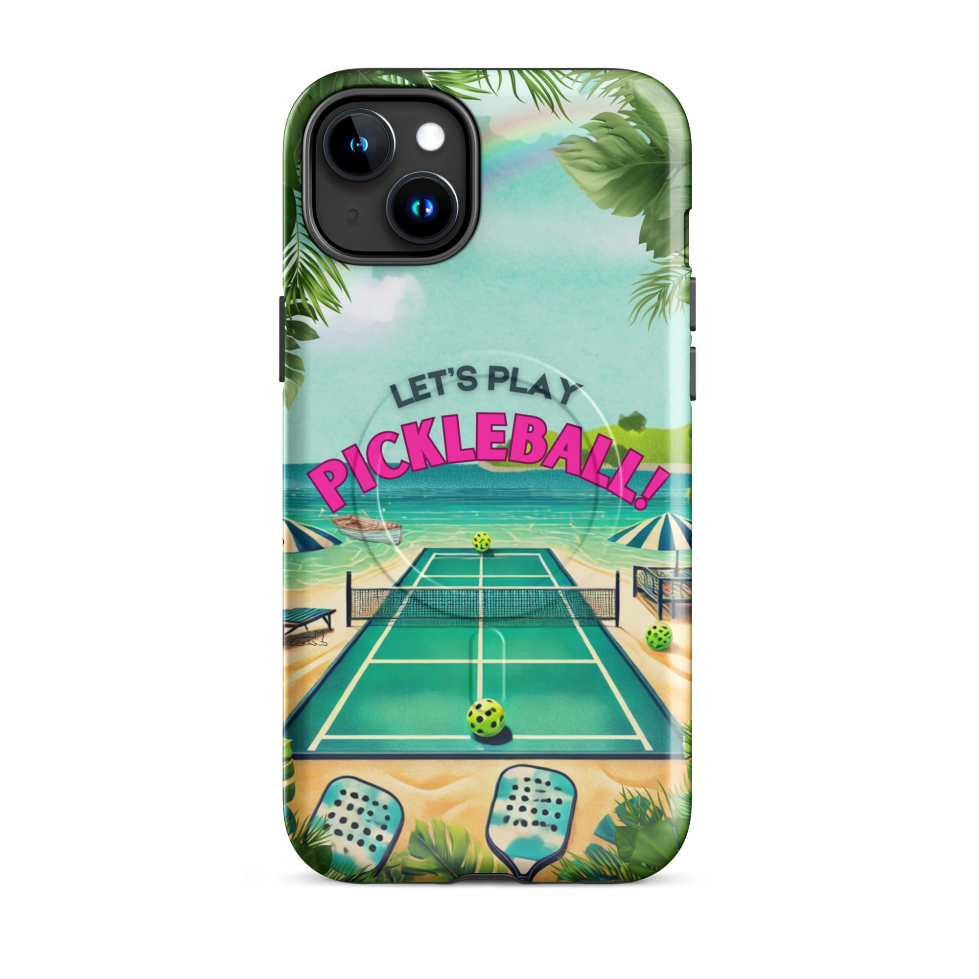 PeaMac Pickleball Tees MagSafe tough glossy iPhone 15 Plus phone case with pickleball design, front view, protective and stylish.