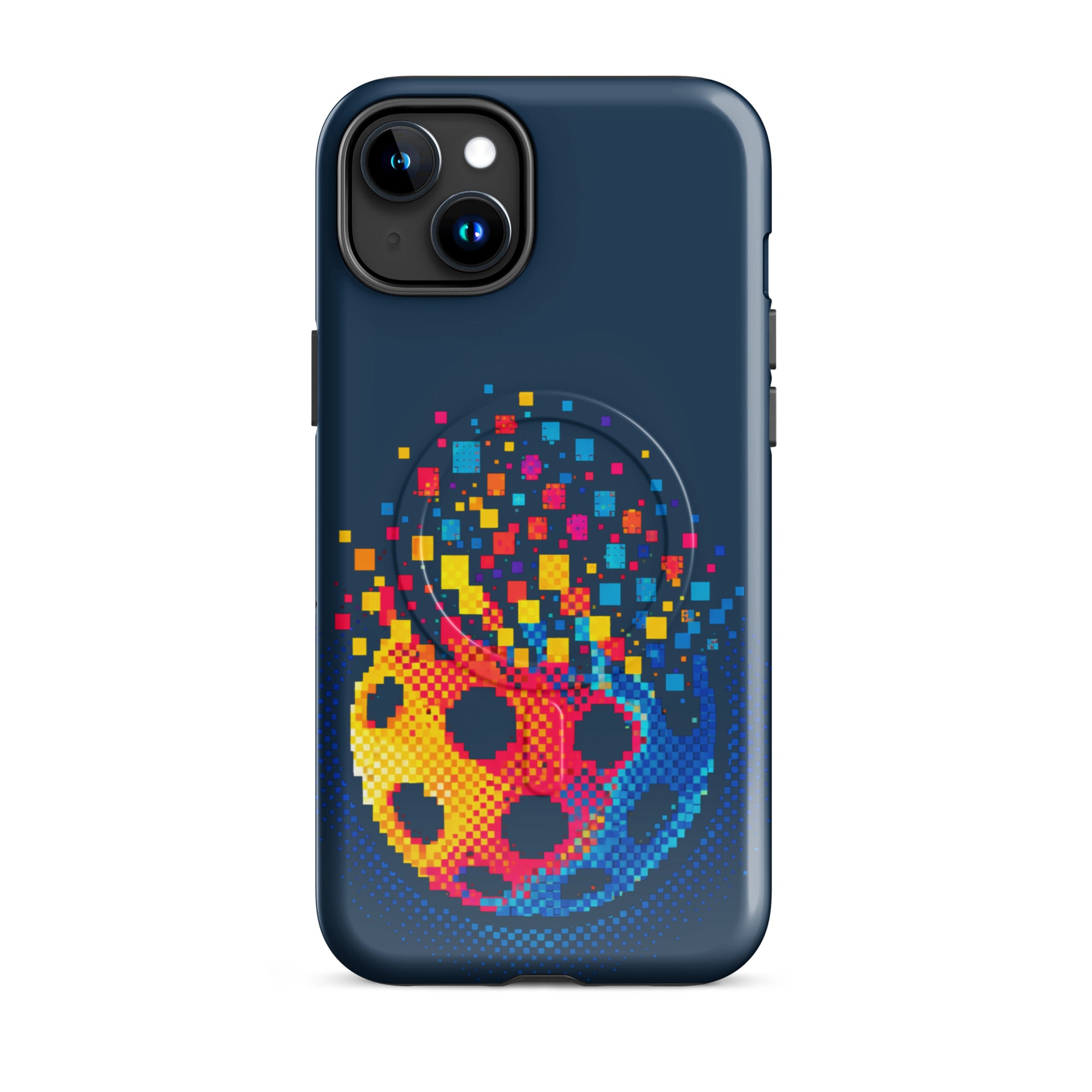 Glossy PeaMac Pickleball Tees Matrix Burst Pickleball Case for iPhone 15 Plus with MagSafe® compatibility, front view.