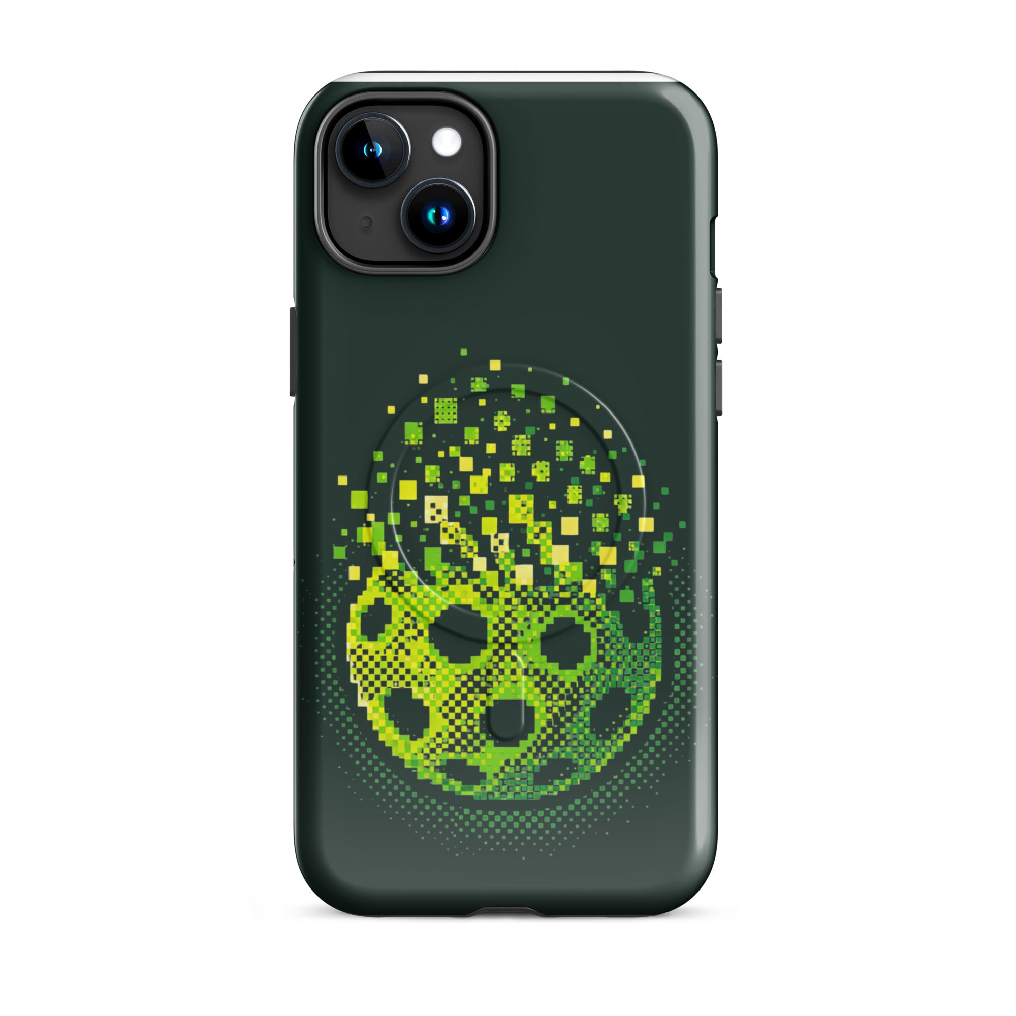 Glossy PeaMac Pickleball Matrix Burst Pickleball MagSafe phone case on iPhone 15 Plus, showing vibrant pickleball design and durable construction.
