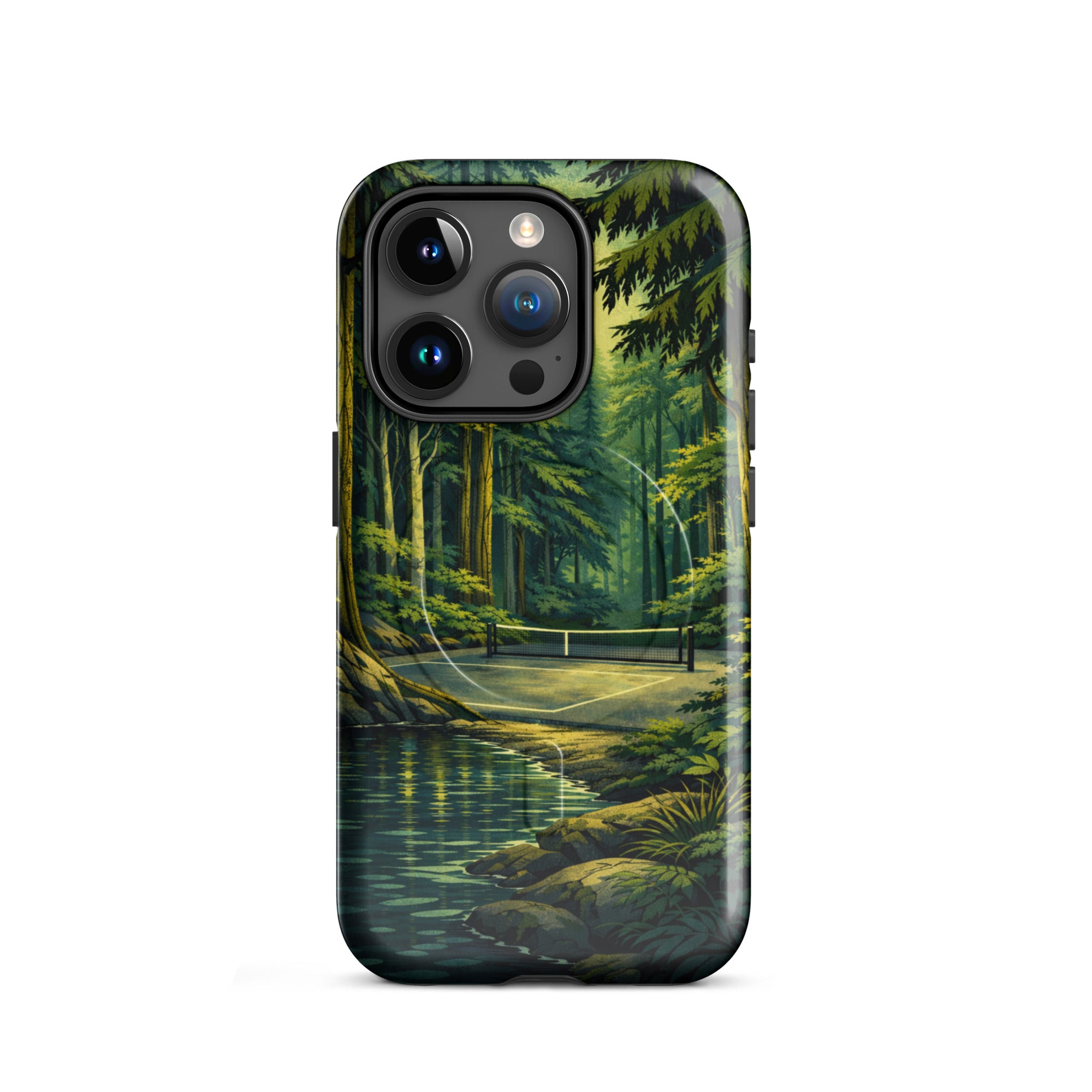 Glossy PeaMac Pickleball Hidden Forest MagSafe tough phone case on iPhone 15 Pro, showing front view with forest design.