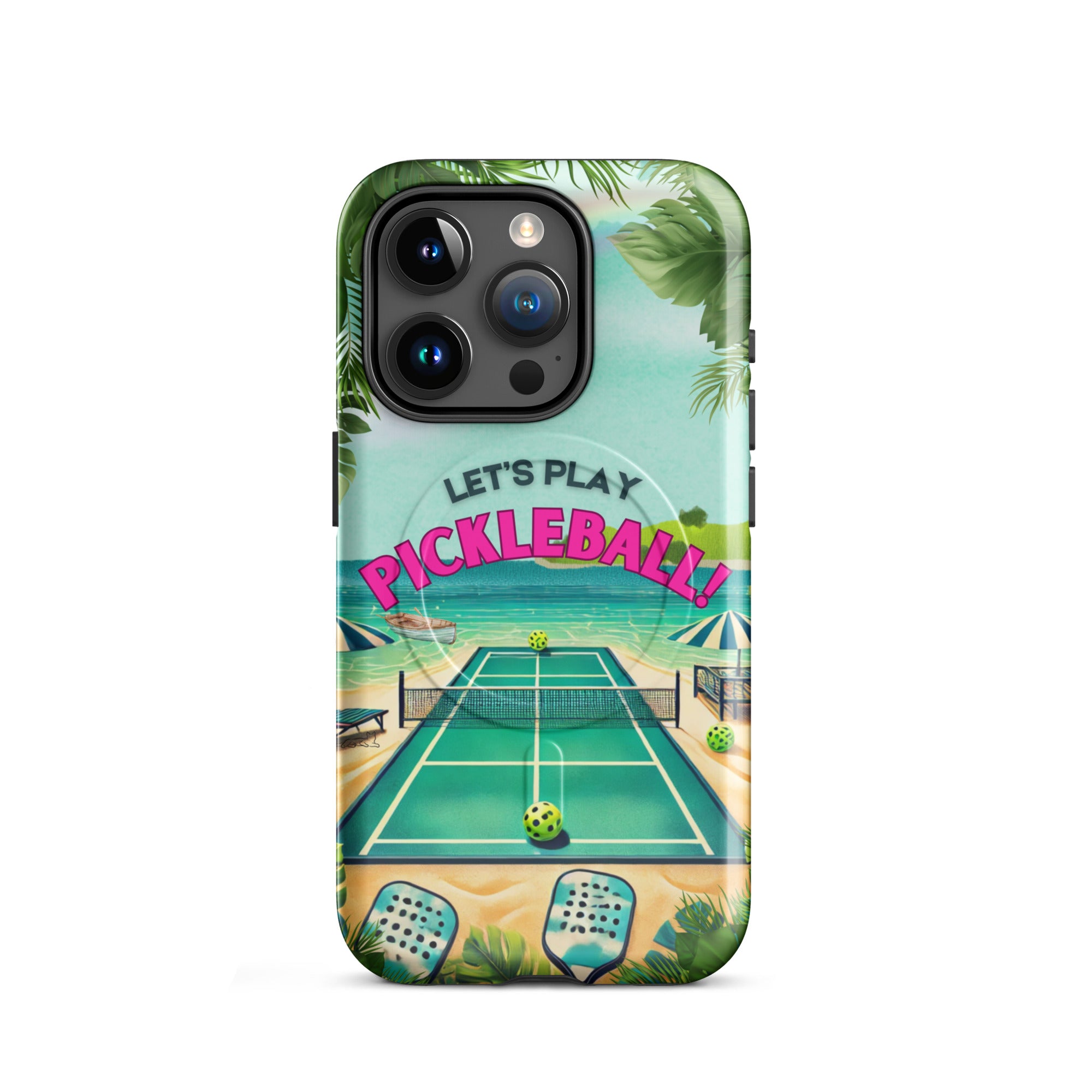 PeaMac Pickleball Tees MagSafe tough glossy iPhone 15 Pro case with pickleball design, durable protective phone cover.