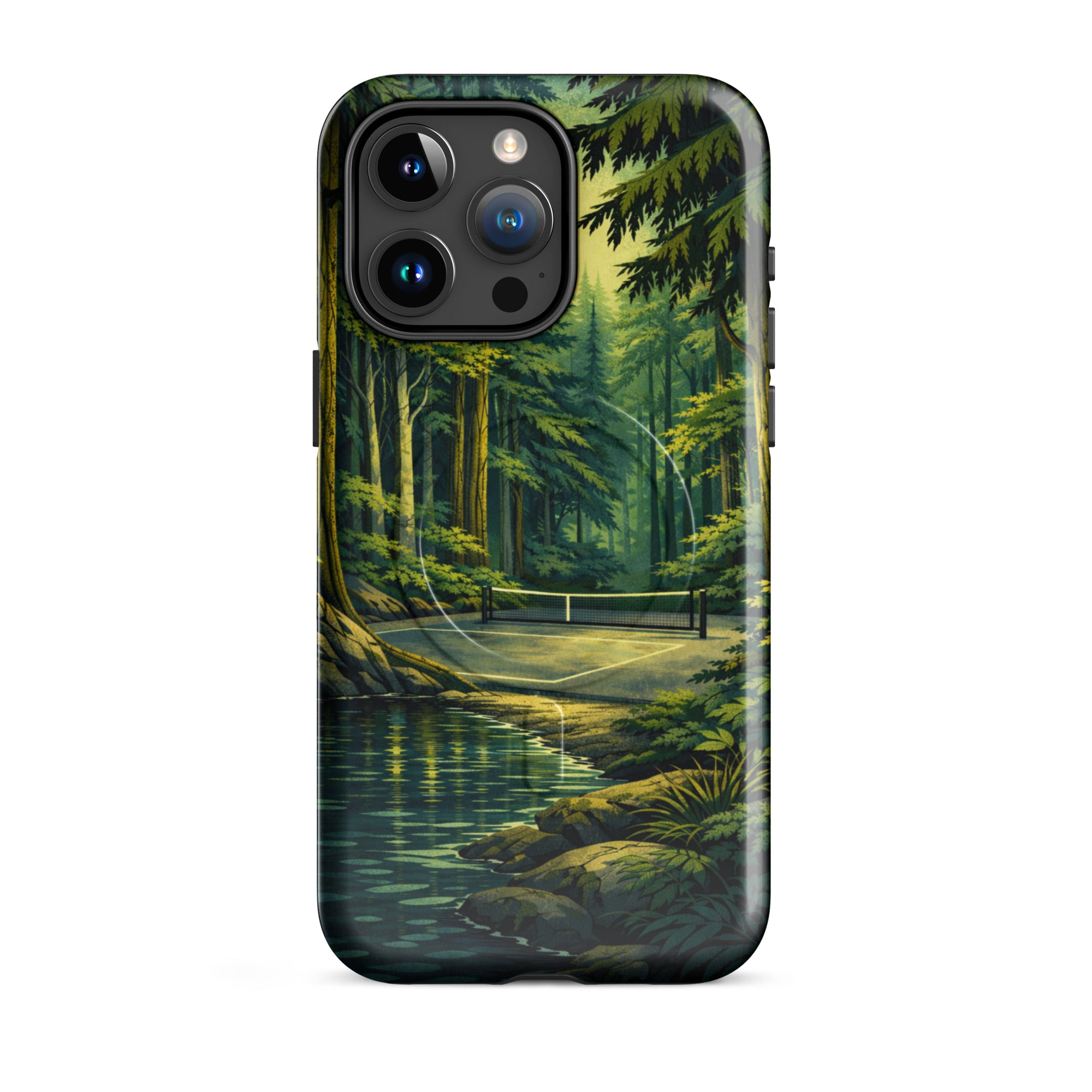 Glossy PeaMac Pickleball Hidden Forest MagSafe tough phone case for iPhone 15 Pro Max, featuring forest-themed design and secure fit.