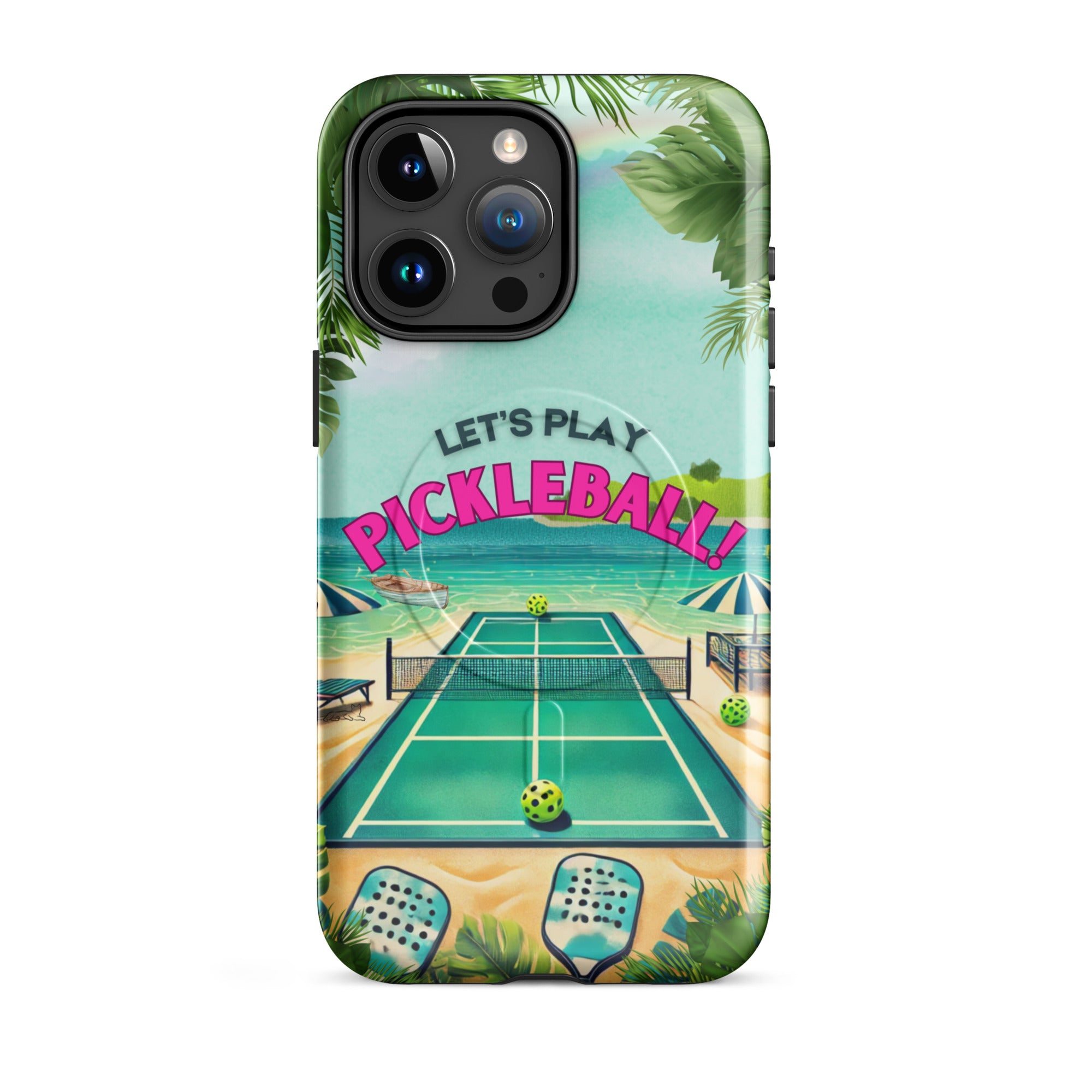 Glossy MagSafe tough iPhone 15 Pro Max case by PeaMac Pickleball Tees, featuring colorful pickleball design and durable protection.