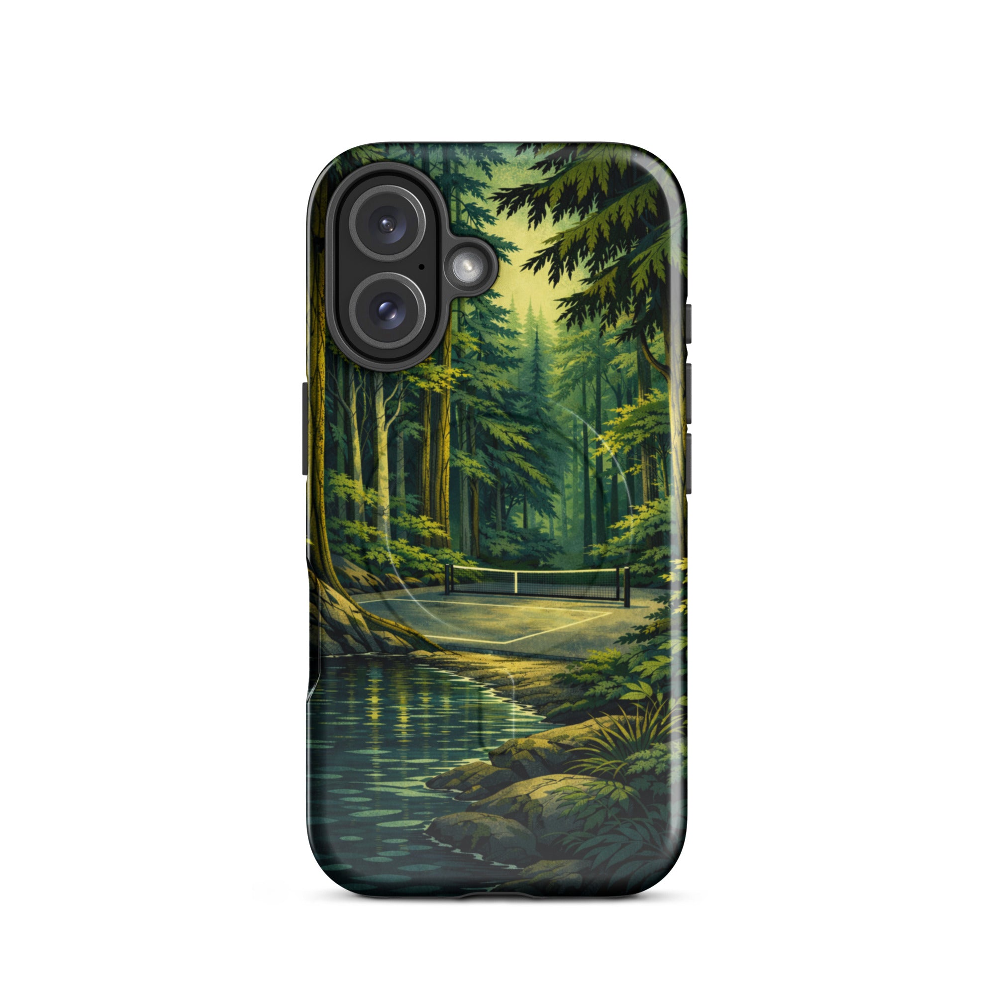PeaMac Pickleball Hidden Forest MagSafe tough phone case for iPhone 16, glossy finish with pickleball-themed design.