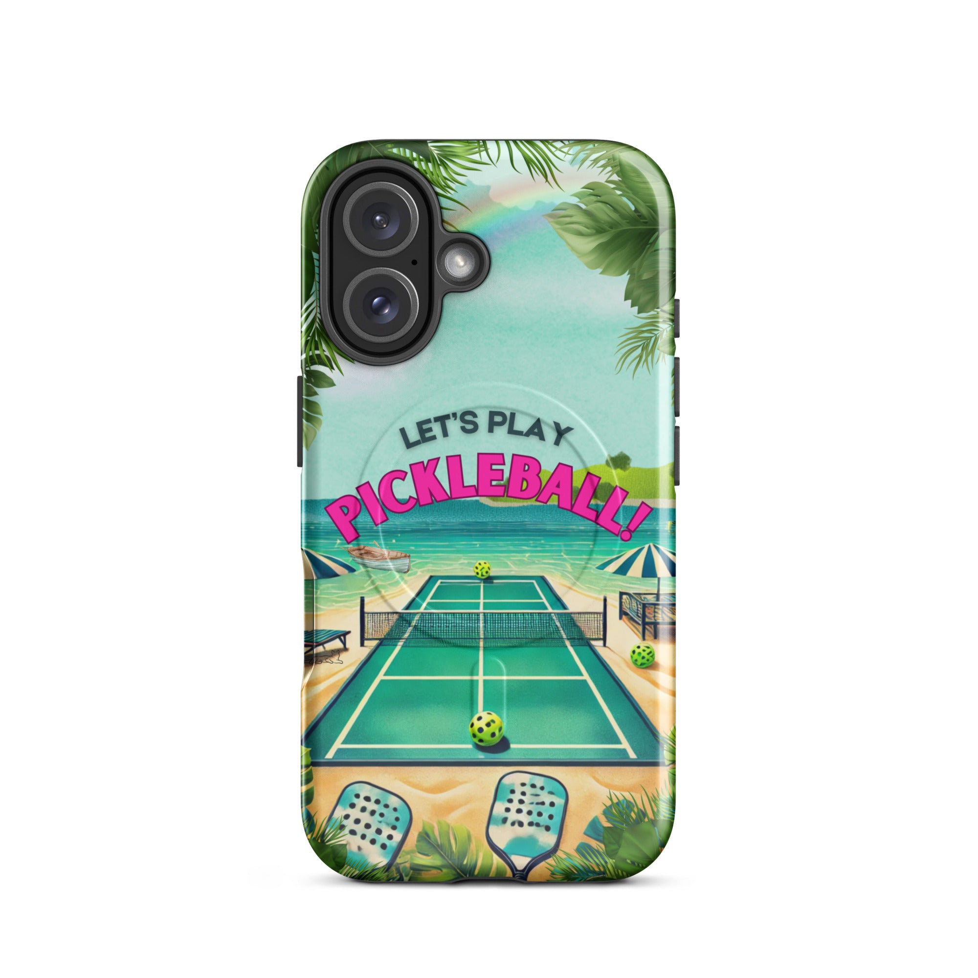 PeaMac Pickleball Tees Let's Play Pickleball MagSafe tough glossy iPhone 16 case with pickleball design and secure MagSafe compatibility.