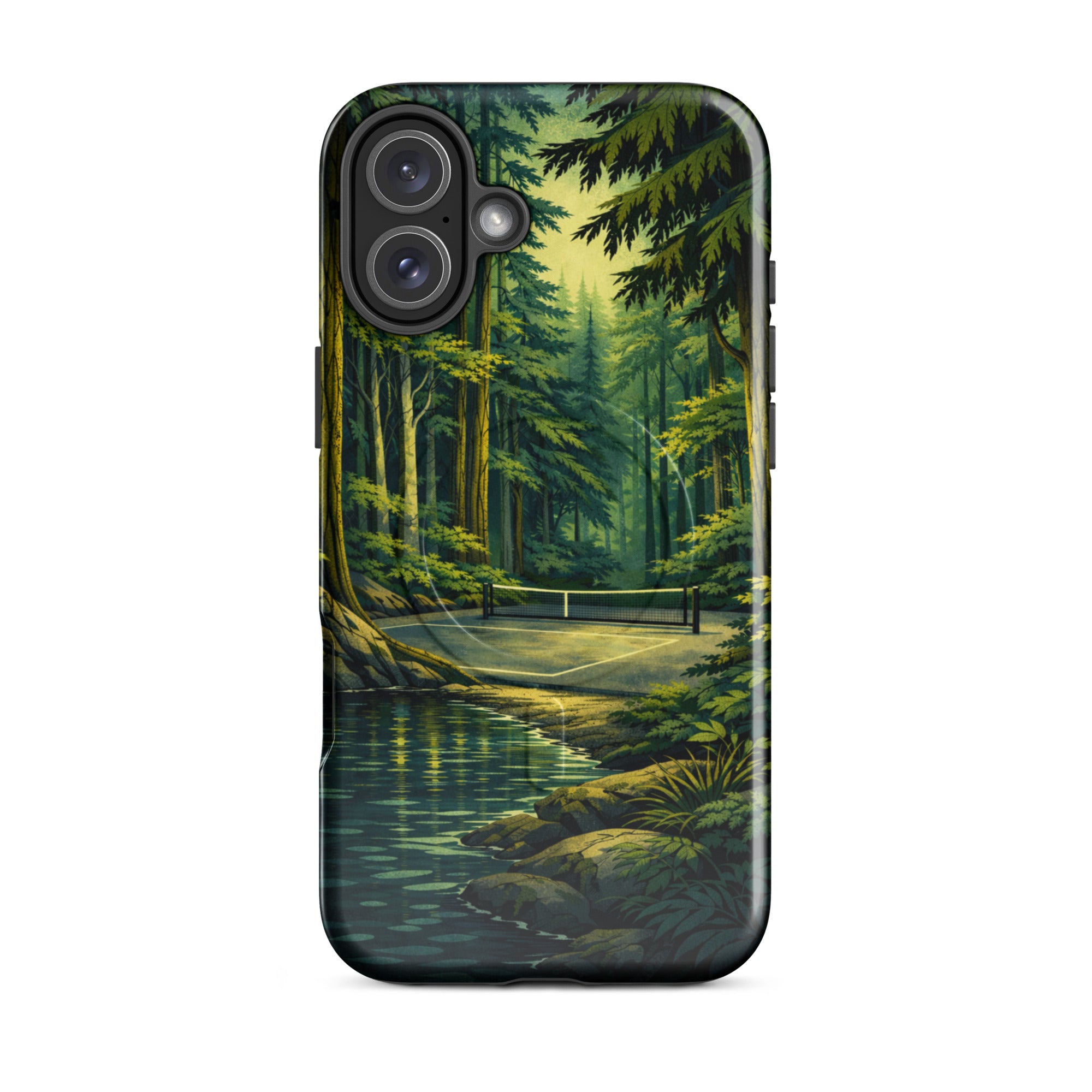 Glossy PeaMac Pickleball Hidden Forest MagSafe tough phone case on iPhone 16 Plus, featuring a nature-inspired design.