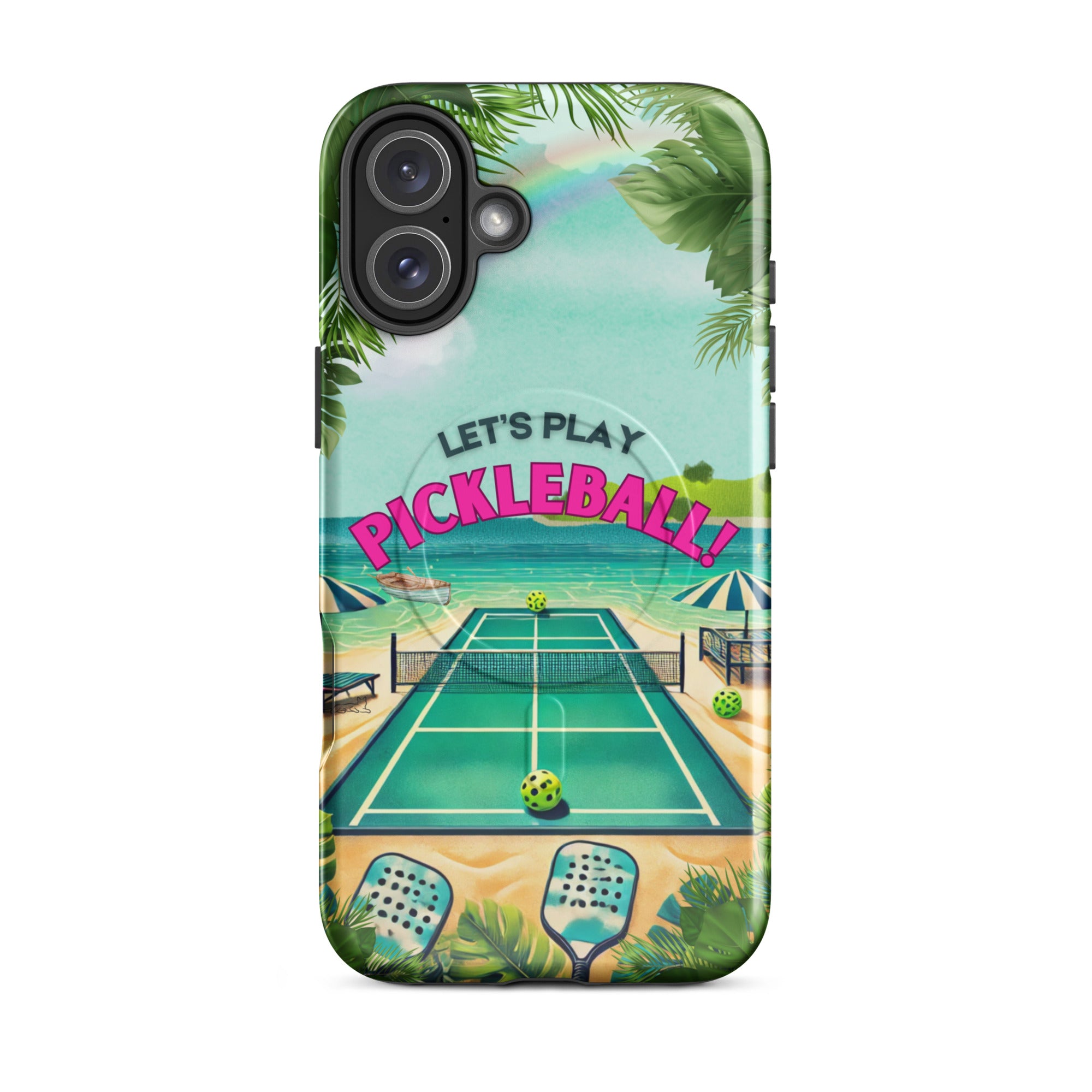PeaMac Pickleball Tees Let's Play Pickleball MagSafe tough phone case for iPhone 16 Plus, glossy finish with pickleball design.