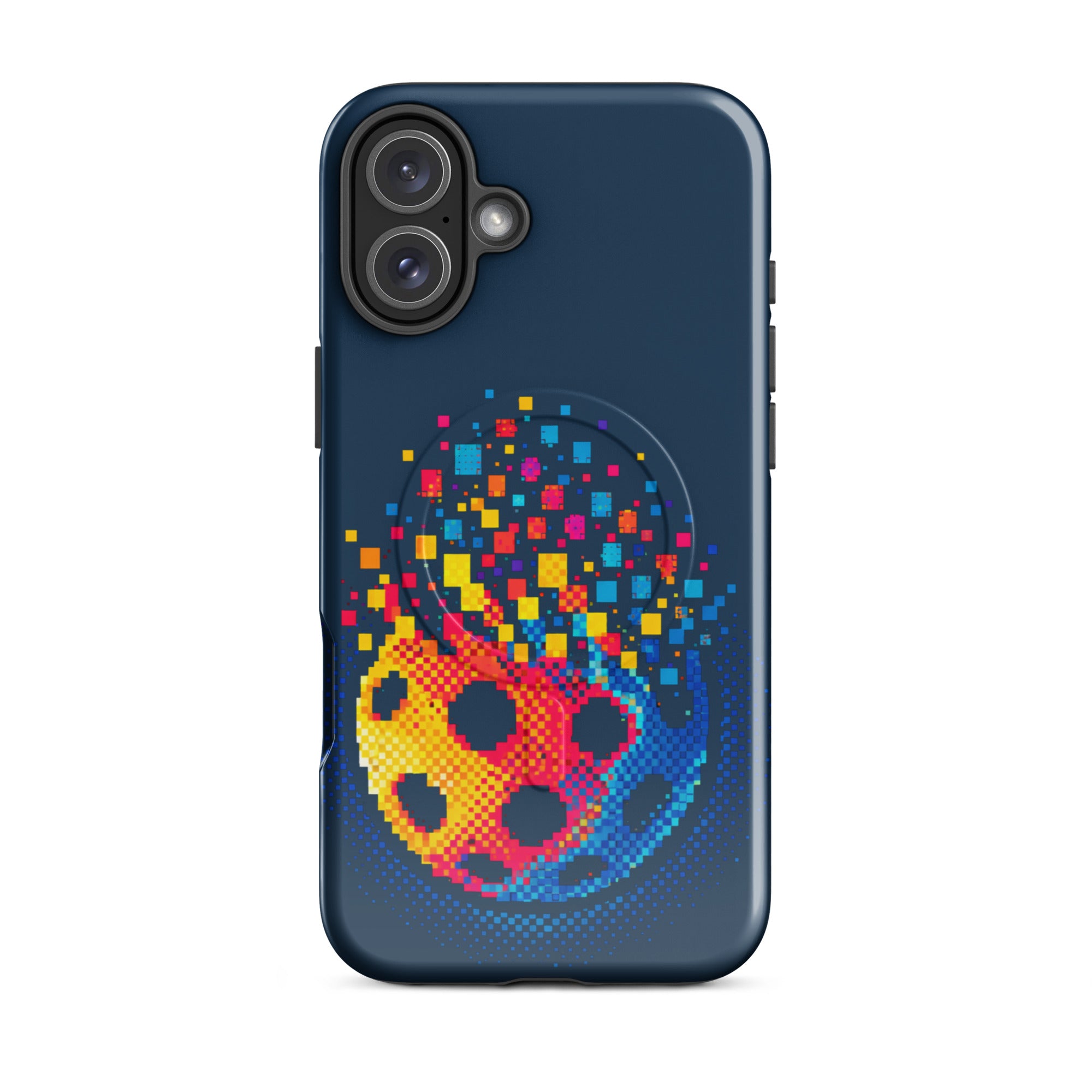 PeaMac Pickleball Tees Matrix Burst Pickleball Case for iPhone 16 Plus, glossy MagSafe tough phone case with pickleball design.