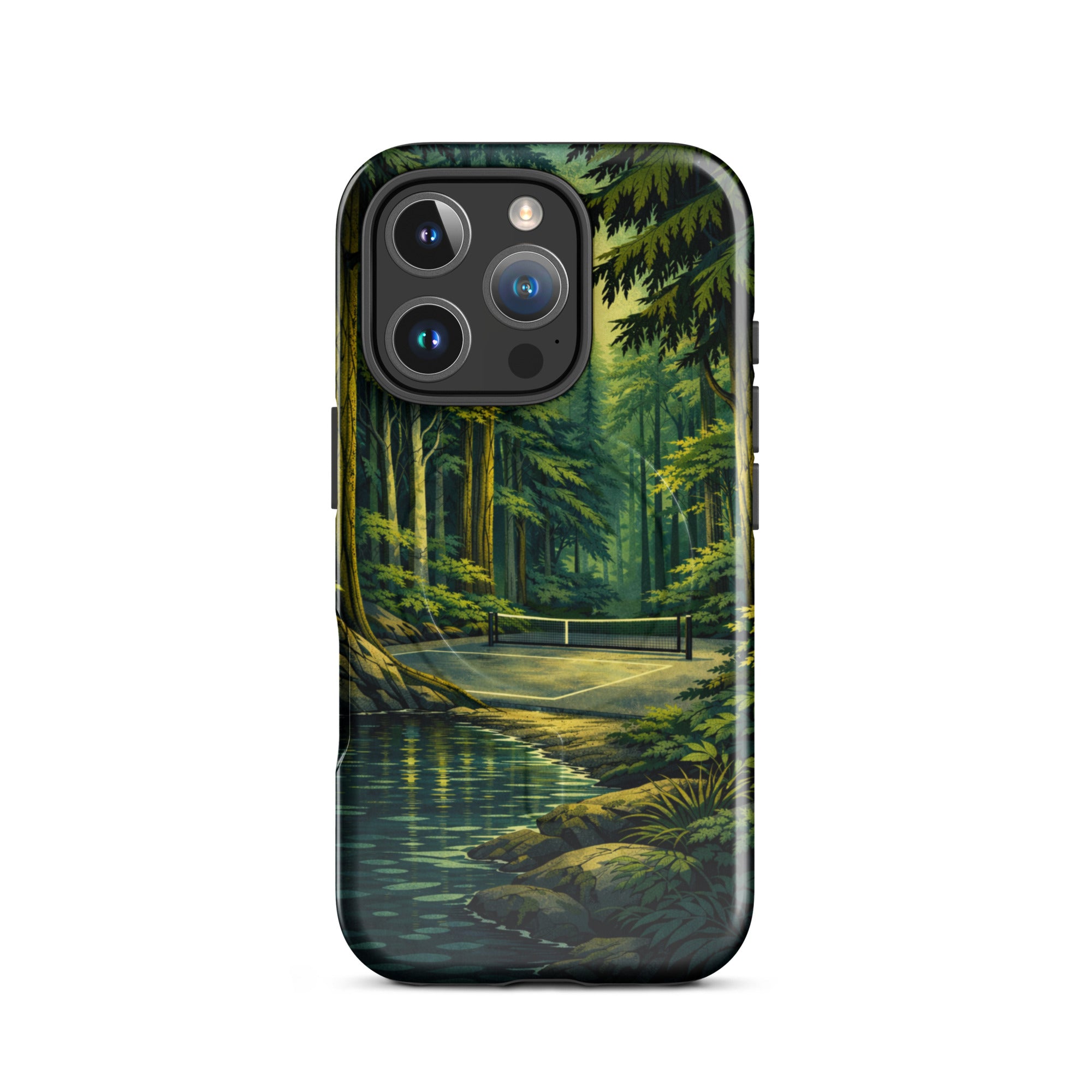 PeaMac Pickleball Hidden Forest MagSafe tough phone case for iPhone 16 Pro, glossy finish with pickleball-themed design.