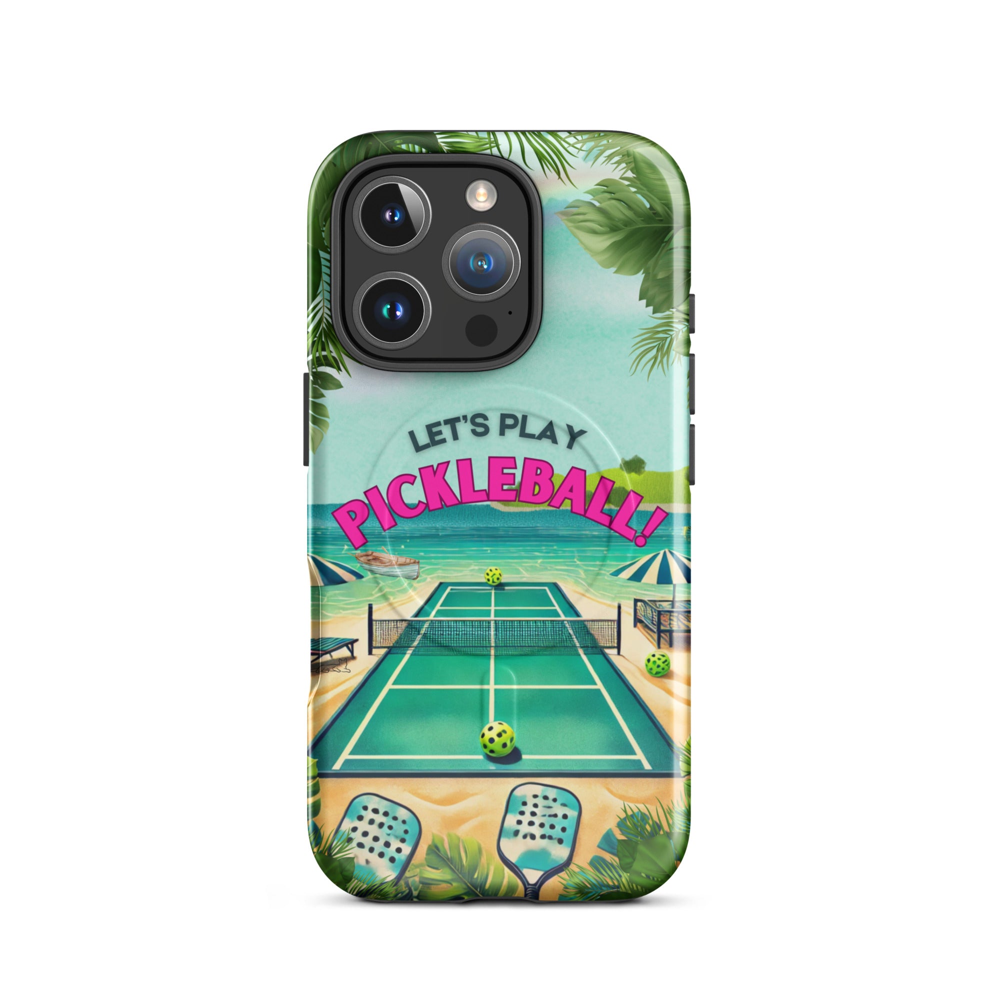 PeaMac Pickleball Tees MagSafe tough phone case for iPhone 16 Pro, glossy finish with pickleball-themed design on the front.