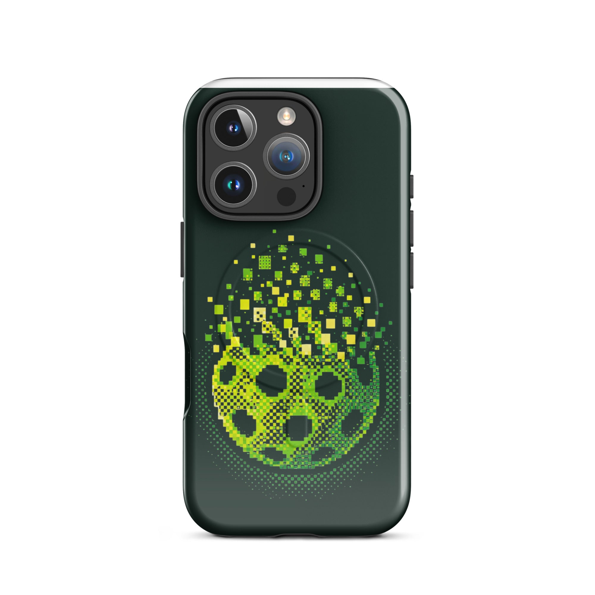 PeaMac Pickleball Matrix Burst MagSafe tough phone case for iPhone 16 Pro, glossy finish, front view showing colorful design.