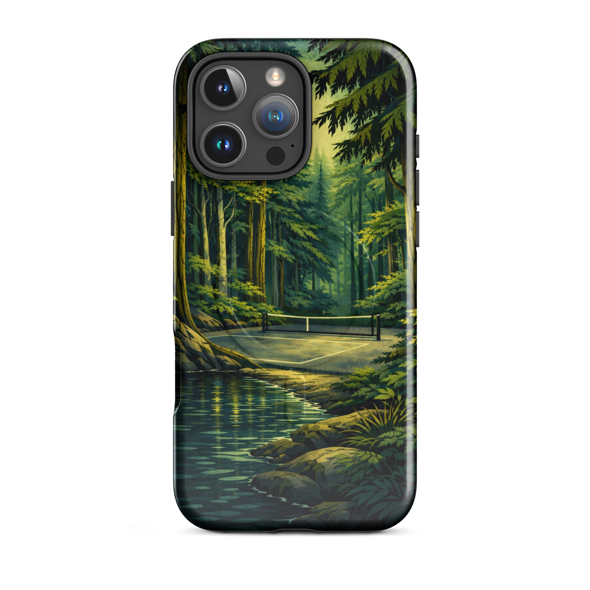 Glossy PeaMac Pickleball Hidden Forest MagSafe® tough phone case on iPhone 16 Pro Max showcasing a vibrant forest design.